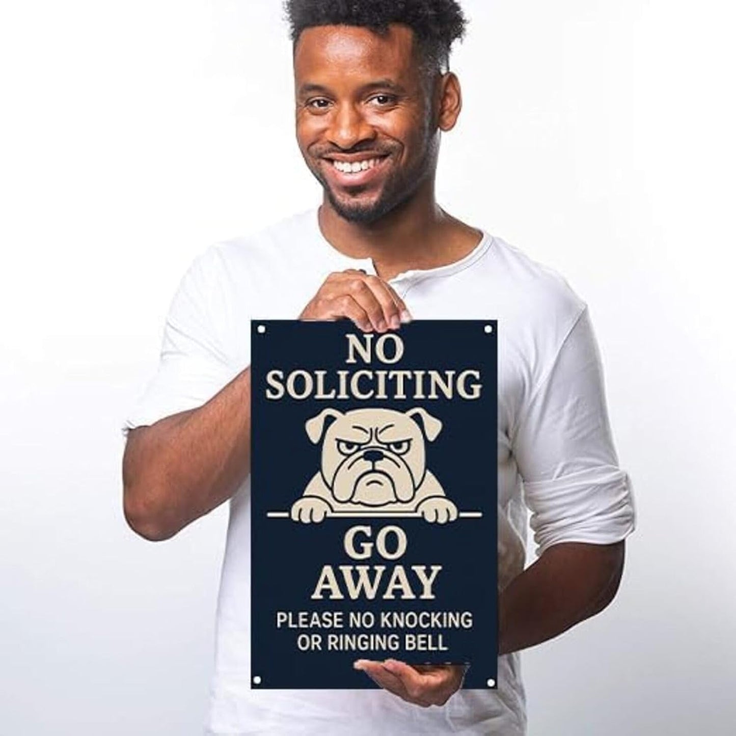 Beware of Dog Sign – No Soliciting Go Away Bulldog Warning, Rust-Free Aluminum Metal Sign, UV Printed Waterproof Outdoor Yard Fence Gate Door Decor with Free Screws & Rope