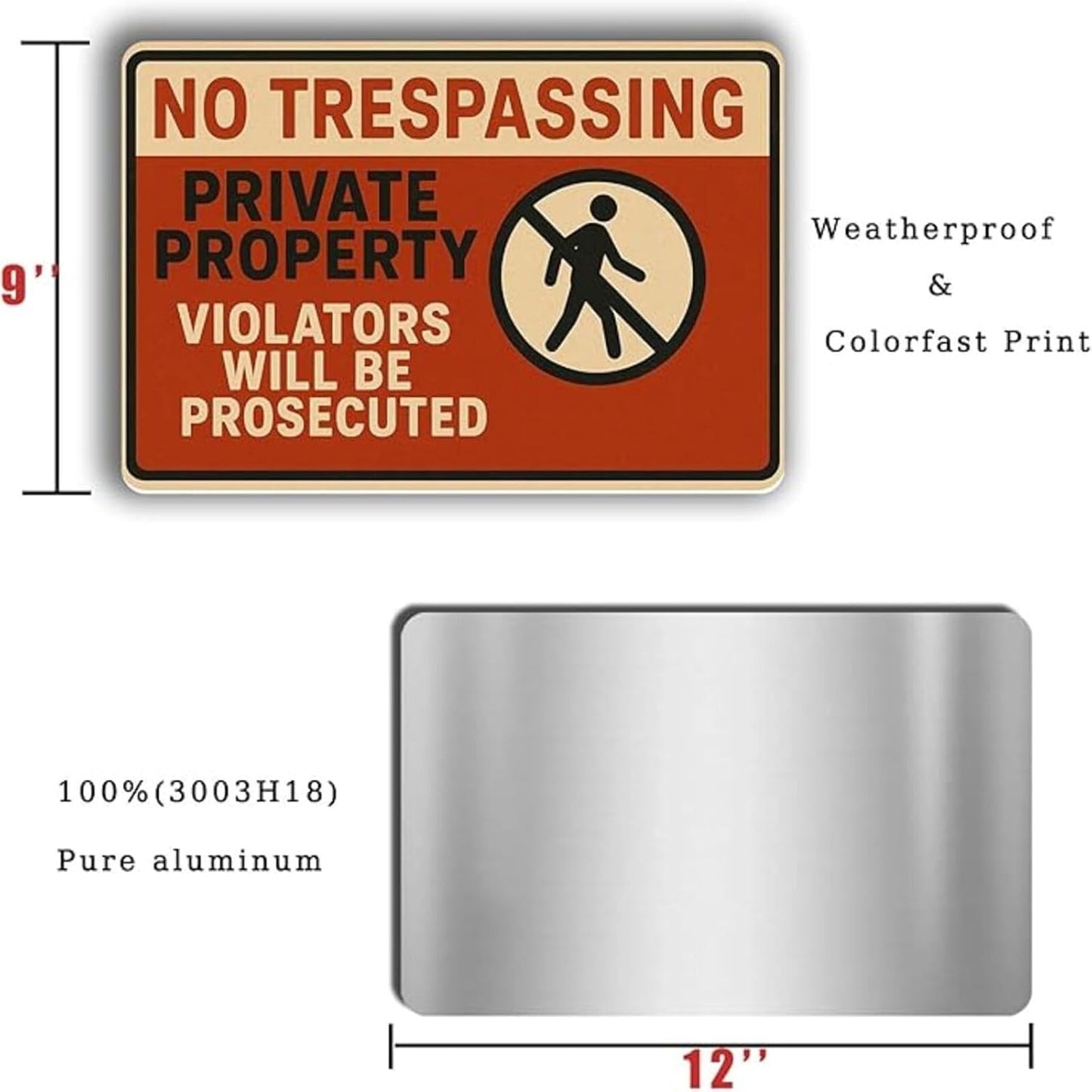 No Trespassing Sign 9x12 Inch Weather Resistant Aluminum Notice Private Property Sign UV Printed Visible Private Property Violators Will Be Prosecuted Signs with FREE Mounting Accessories