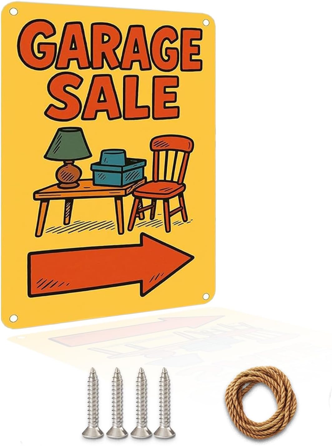 Garage Sale Sign with Arrow – 9x12 Inch Heavy Duty Metal Yard Sign, Rustproof & Weatherproof Aluminum, Easy to Clean, Wind-Resistant, Bold Colorful Design for Outdoor Directional Use, Includes Screws & Rope