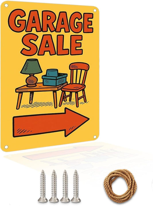 Garage Sale Sign with Arrow – 9x12 Inch Heavy Duty Metal Yard Sign, Rustproof & Weatherproof Aluminum, Easy to Clean, Wind-Resistant, Bold Colorful Design for Outdoor Directional Use, Includes Screws & Rope