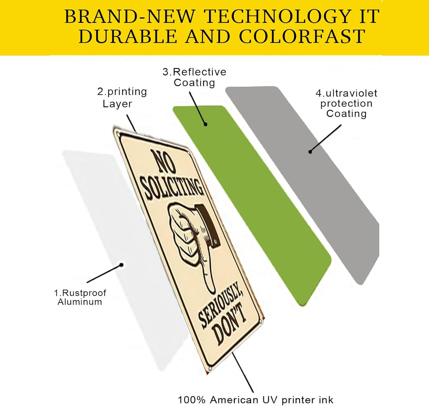 No Soliciting Sign for House Front Door – 9x12 Inch Aluminum Metal Waterproof Outdoor Sign UV Printed Durable Yard Fence Wall Decor Free Screws & Rope Included Privacy Protection Sign