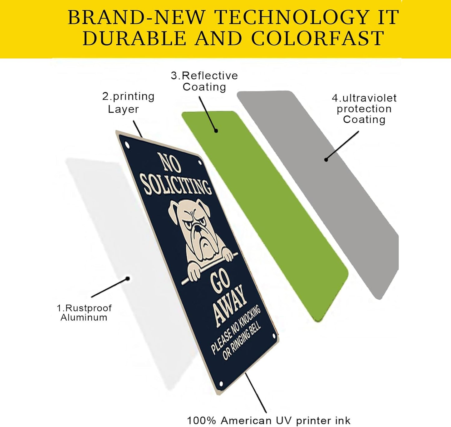 Beware of Dog Sign – No Soliciting Go Away Bulldog Warning, Rust-Free Aluminum Metal Sign, UV Printed Waterproof Outdoor Yard Fence Gate Door Decor with Free Screws & Rope