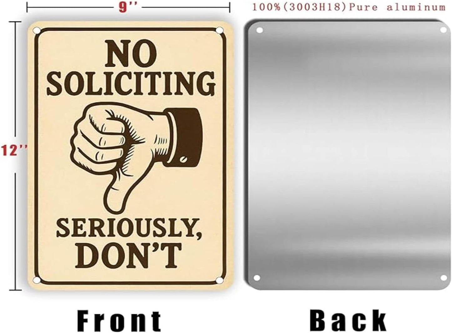 No Soliciting Sign for House Front Door – 9x12 Inch Aluminum Metal Waterproof Outdoor Sign UV Printed Durable Yard Fence Wall Decor Free Screws & Rope Included Privacy Protection Sign