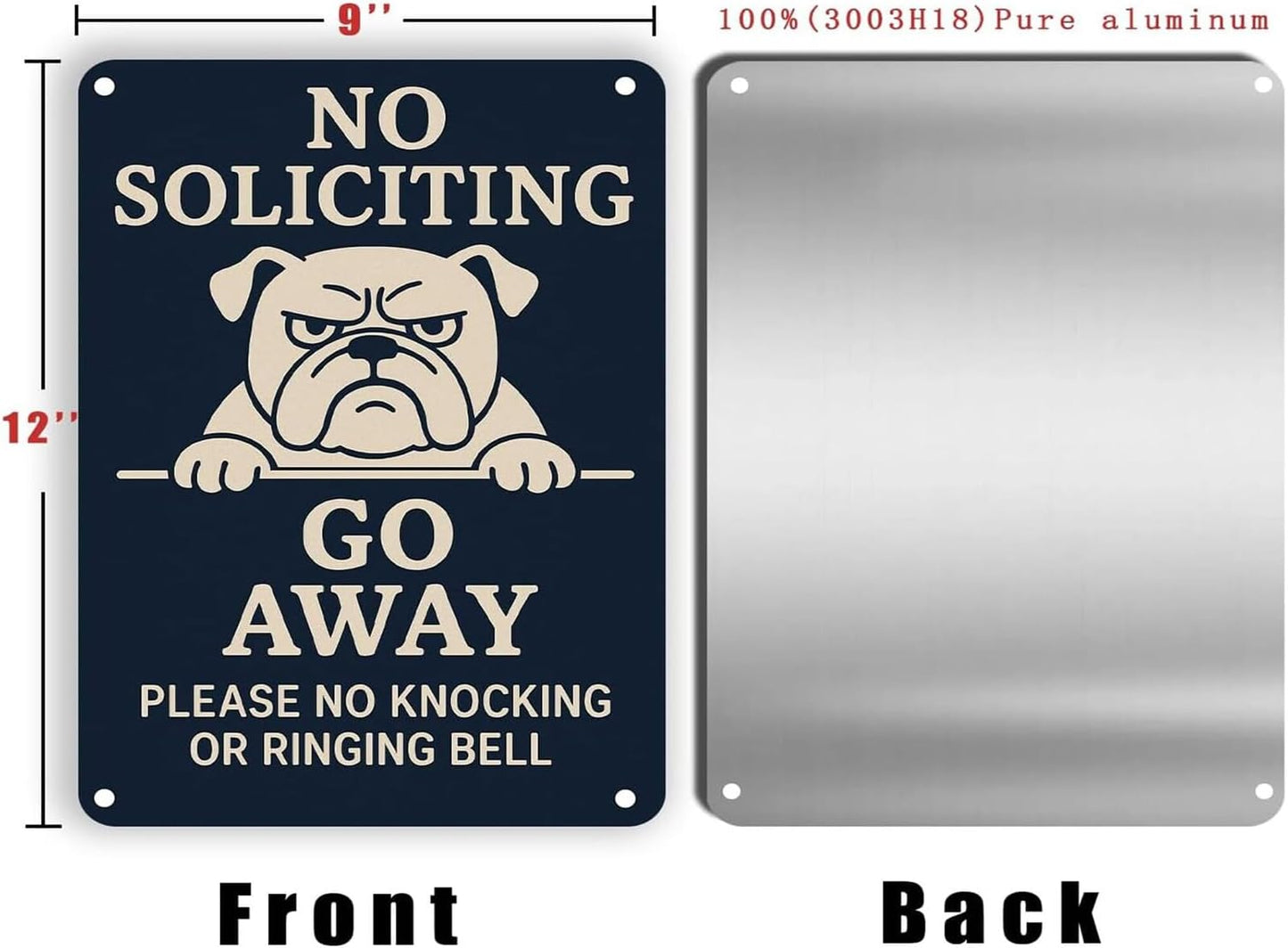 Beware of Dog Sign – No Soliciting Go Away Bulldog Warning, Rust-Free Aluminum Metal Sign, UV Printed Waterproof Outdoor Yard Fence Gate Door Decor with Free Screws & Rope