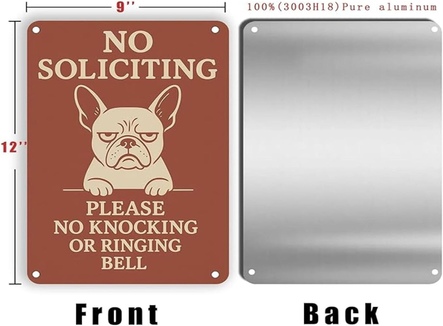 No Soliciting Sign for House - 9x12 Inch French Bulldog Cartoon Design Aluminum UV Printed Waterproof Outdoor Yard Fence Gate Front Door Sign with Free Screws & Rope Pet Style Property Privacy Notice