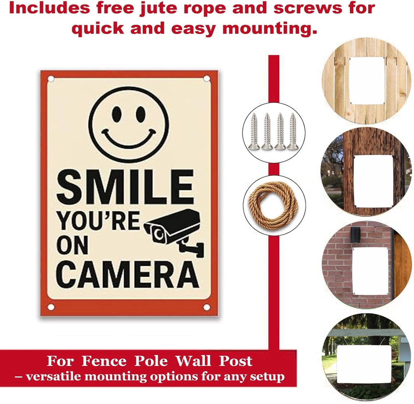 Smile You're On Camera Sign - 9x12 Inch Aluminum Surveillance Warning UV Printed Waterproof Outdoor Yard Fence Gate Funny Smile Your On Candid Camera Sign for Home Businesswith Free Accessories