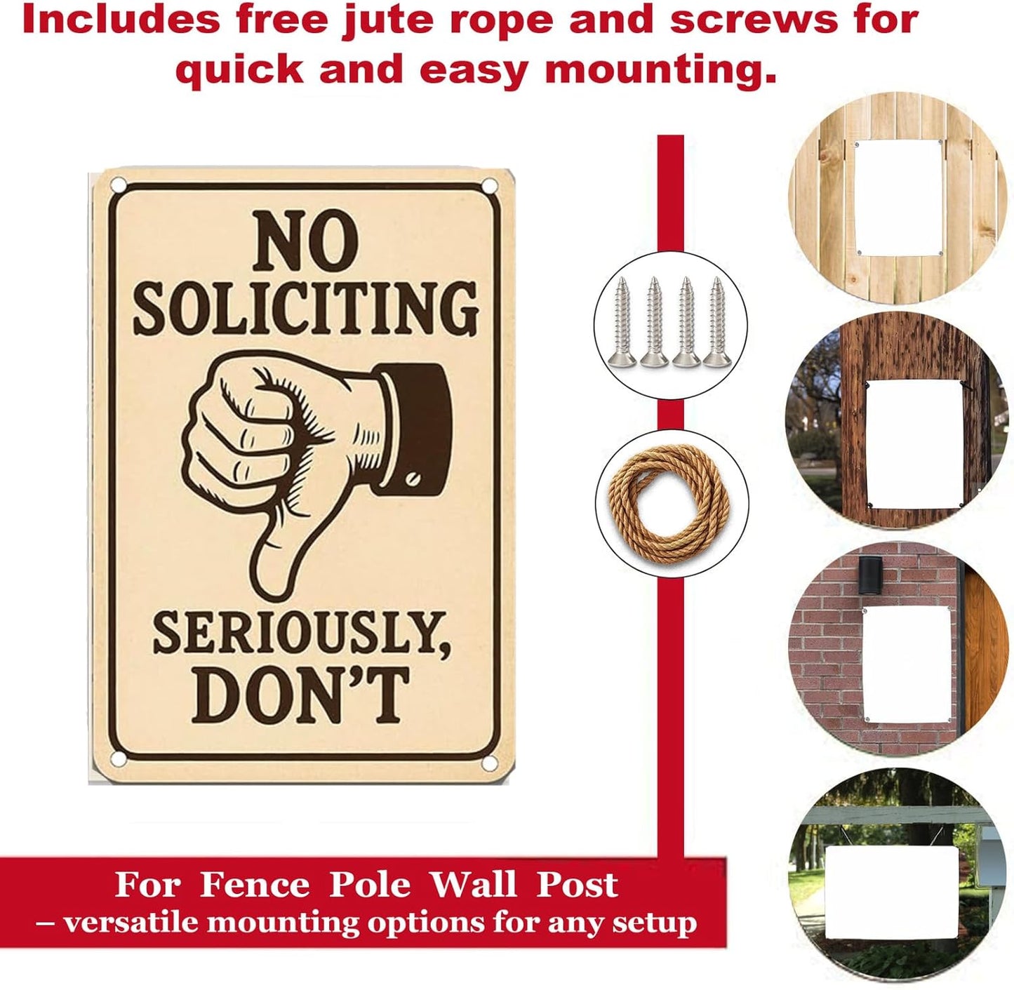 No Soliciting Sign for House Front Door – 9x12 Inch Aluminum Metal Waterproof Outdoor Sign UV Printed Durable Yard Fence Wall Decor Free Screws & Rope Included Privacy Protection Sign