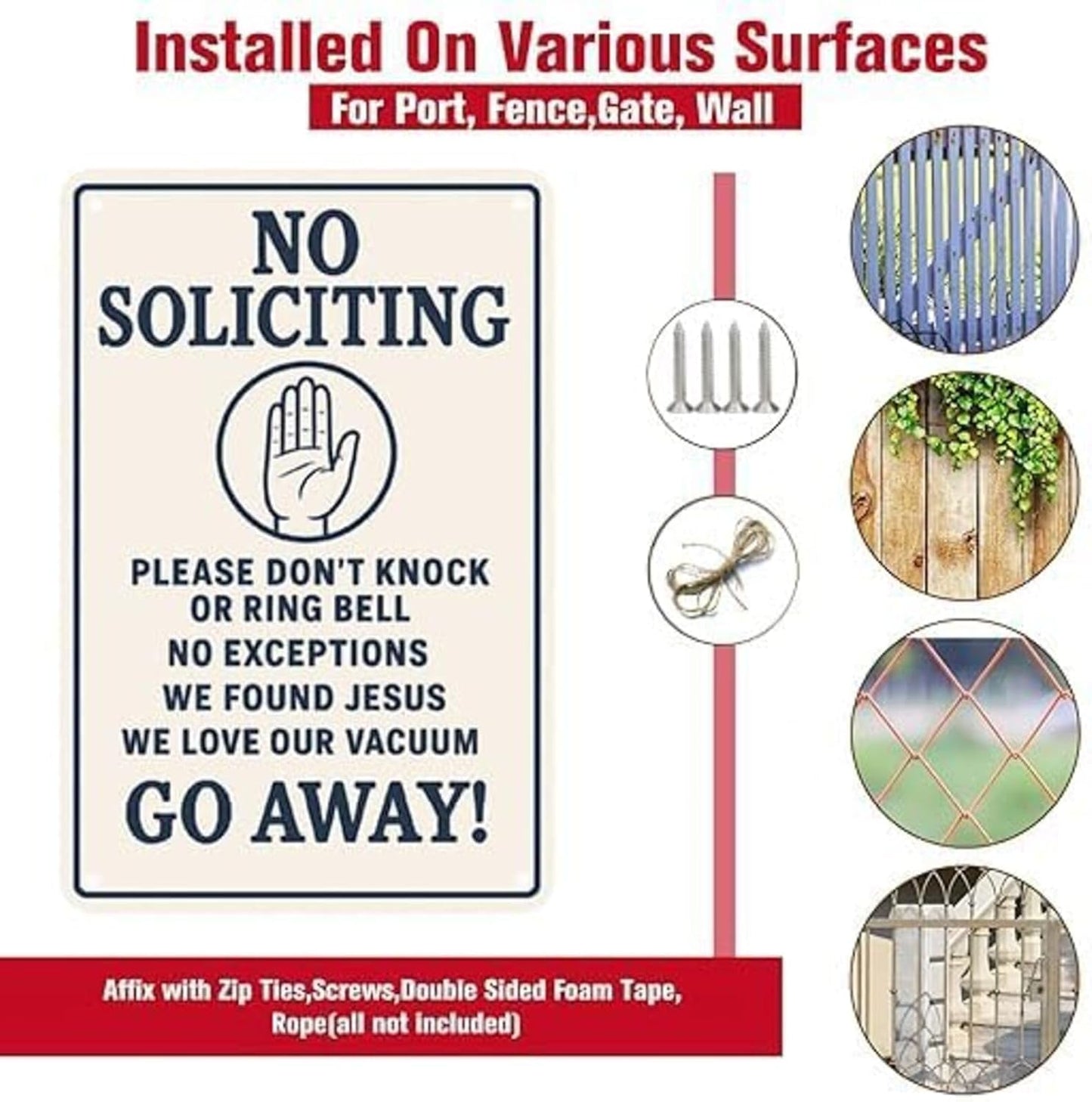 No Soliciting Sign for House Funny, 12 x 9 Inches Rust-Proof Aluminum No Soliciting Sign for Front Door, Humorous Do Not Ring Doorbell Signs, No Solicitation Signs for Home with Screws & Rope (White)