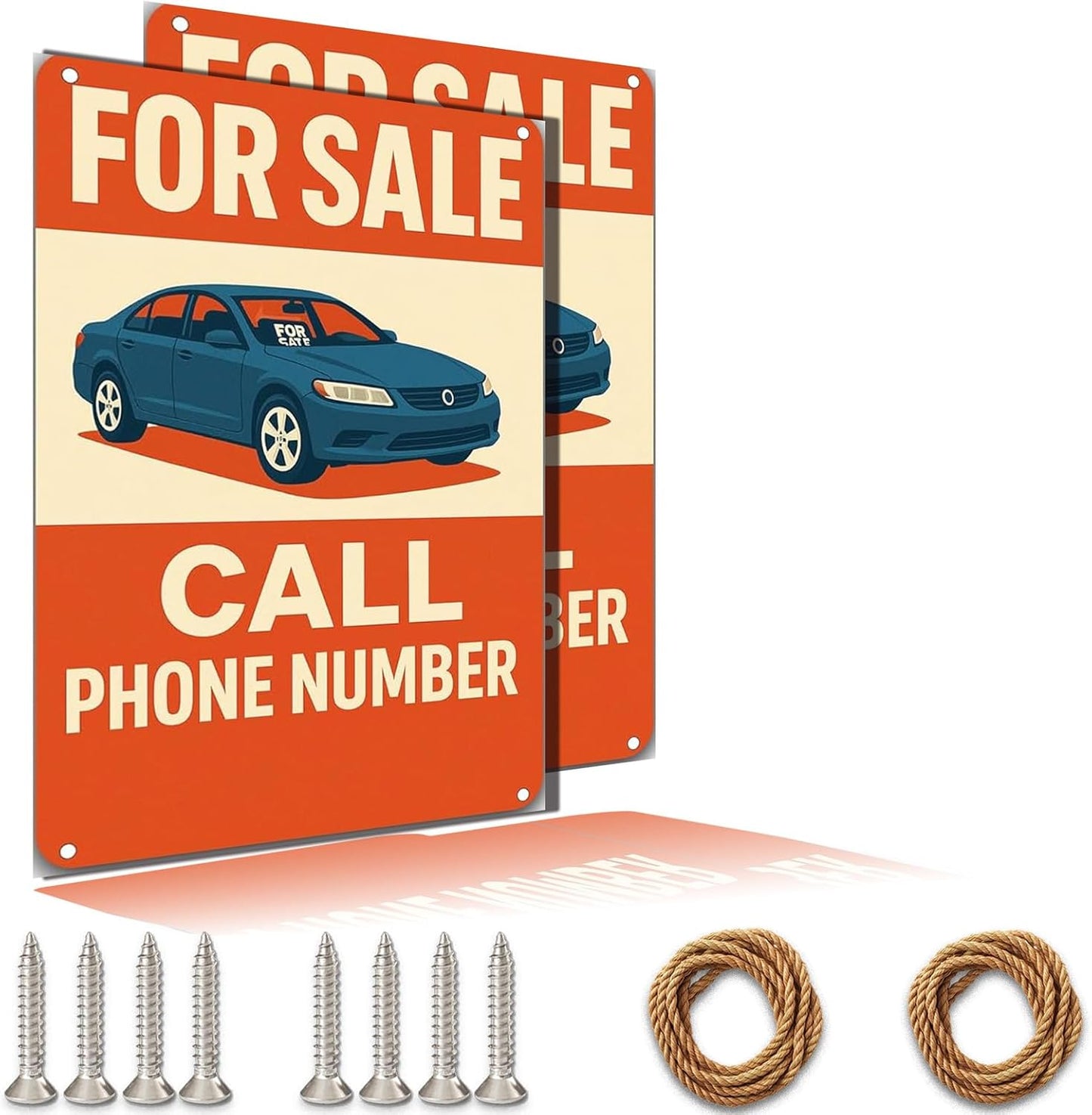 For Sale Sign Car - Rust-Free Aluminum Metal Sign UV Printed Waterproof Outdoor Yard Garage Fence Gate Notice Magnetic Compatible with Vehicle Window + Free Screws & Rope