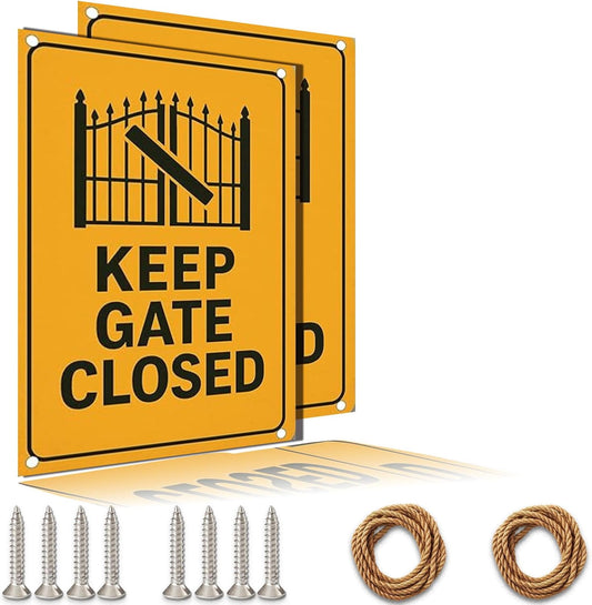 Keep Gate Closed Sign – 2 Pack 9x12 Inch Rustproof Aluminum Warning, Weatherproof Metal Gate for Outdoor Fence, Includes Screws & Jute Rope for Easy Hanging