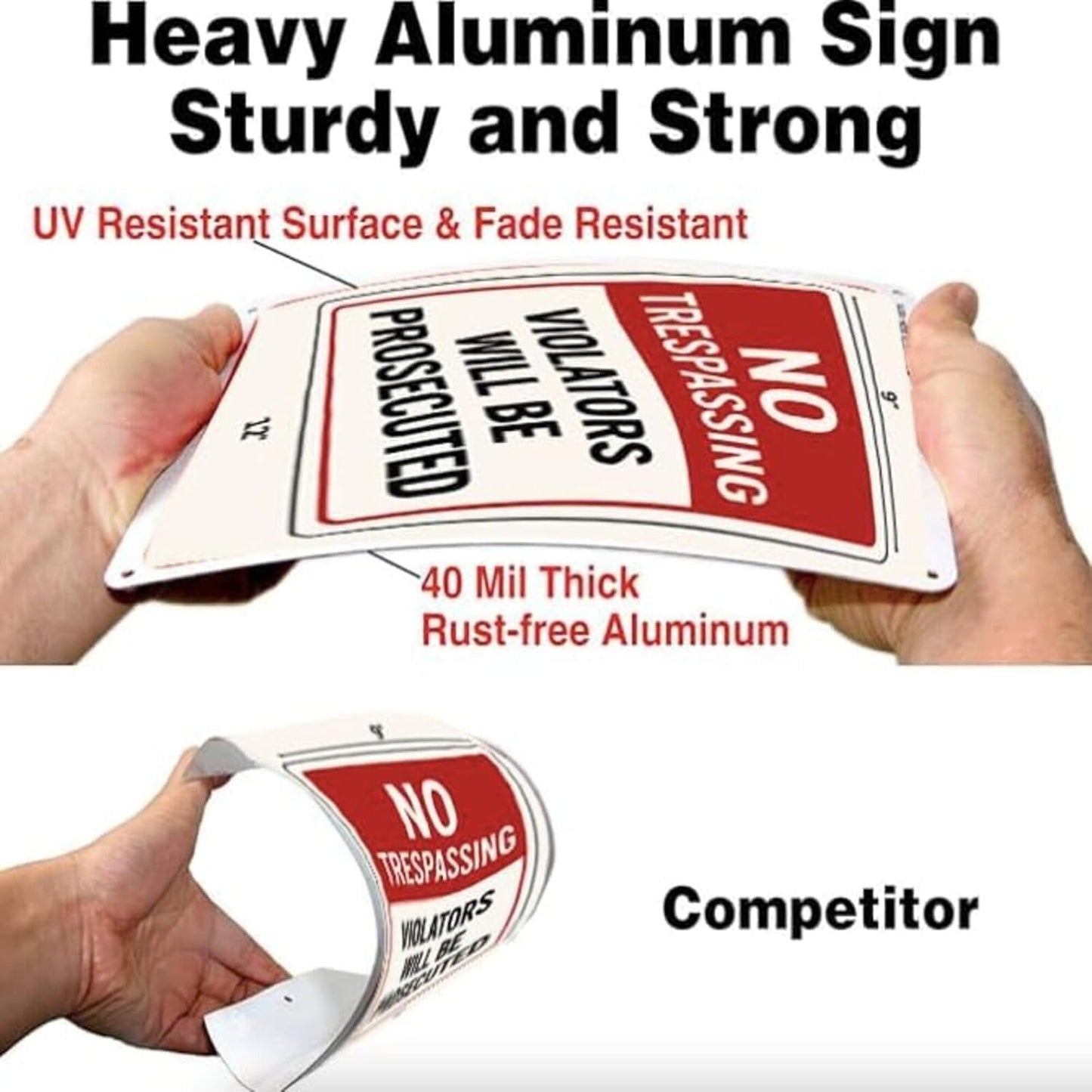 No Trespassing Sign 9x12 Inch – Large Private Property Aluminum Sign Outdoor Waterproof Rust-Free Metal Warning Sign with Free Mounting Accessories（Screws & Jute Rope）