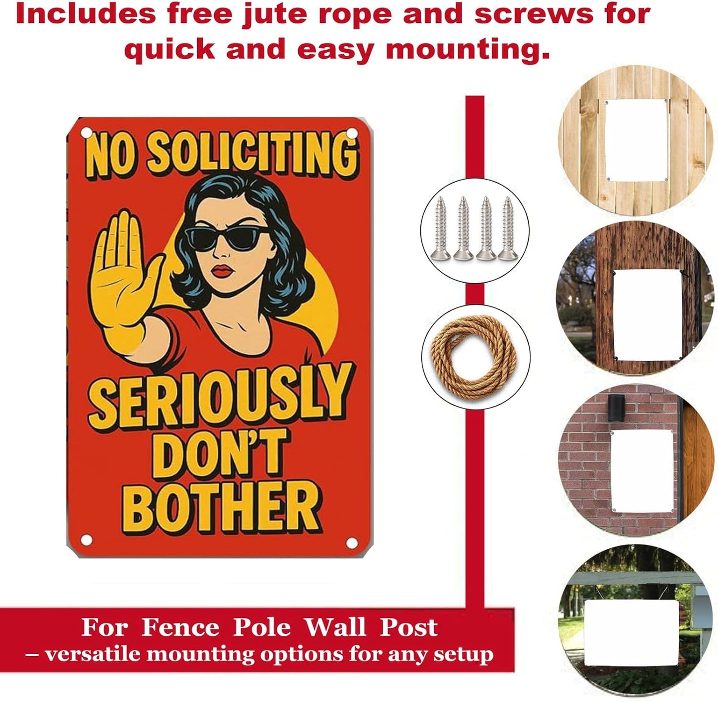 No Soliciting Sign for House - Large Funny Retro Style Rust-Free Aluminum UV Printed Waterproof Outdoor Yard Fence Gate Door Sign with Free Screws & Rope Front Door Privacy Warning for Home & Office
