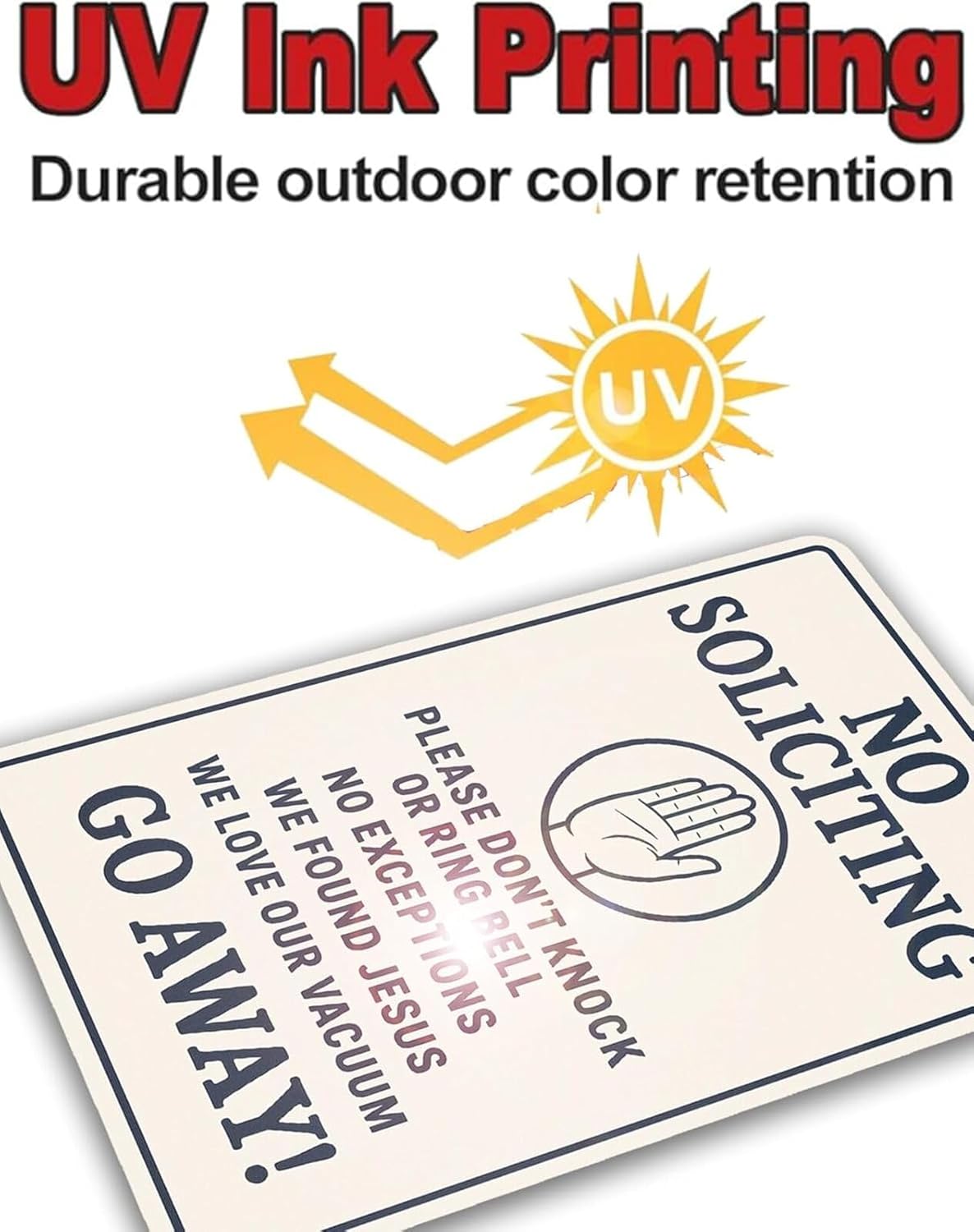 No Soliciting Sign for House Funny, 12 x 9 Inches Rust-Proof Aluminum No Soliciting Sign for Front Door, Humorous Do Not Ring Doorbell Signs, No Solicitation Signs for Home with Screws & Rope (White)