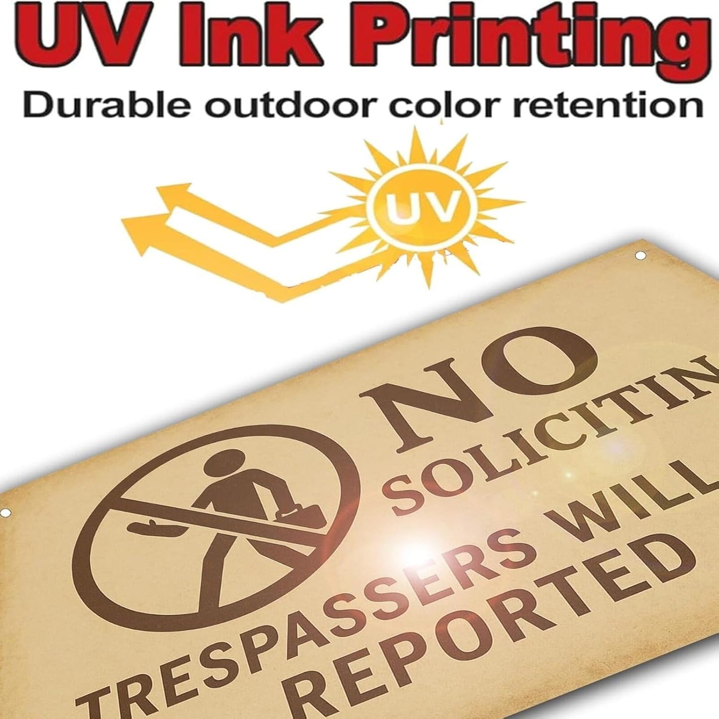 No Soliciting Sign for House - Trespassers Will Be Reported Warning Rust-Free Aluminum Metal Sign UV Printed Waterproof Outdoor No Soliciting Yard Sign for Front Door Fence Gate & Wall with Free Screws & Rope