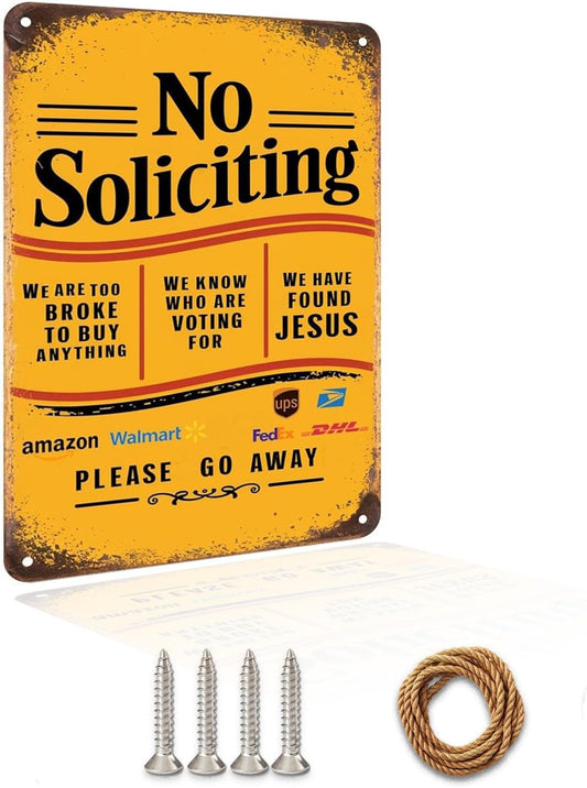 Hilarious No Soliciting Sign! "Jesus Is In, Sales Out" Rust-Resistant Galvanized Iron Door Sign, 8in * 12in, Unique Home Decor (No Soliciting We Are Too Broke, Found Jesus B) (Yellow)
