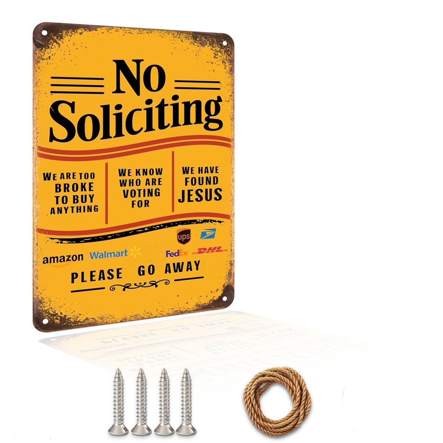 Hilarious No Soliciting Sign! "Jesus Is In, Sales Out" Rust-Resistant Galvanized Iron Door Sign, 8in * 12in, Unique Home Decor (No Soliciting We Are Too Broke, Found Jesus B) (Black)