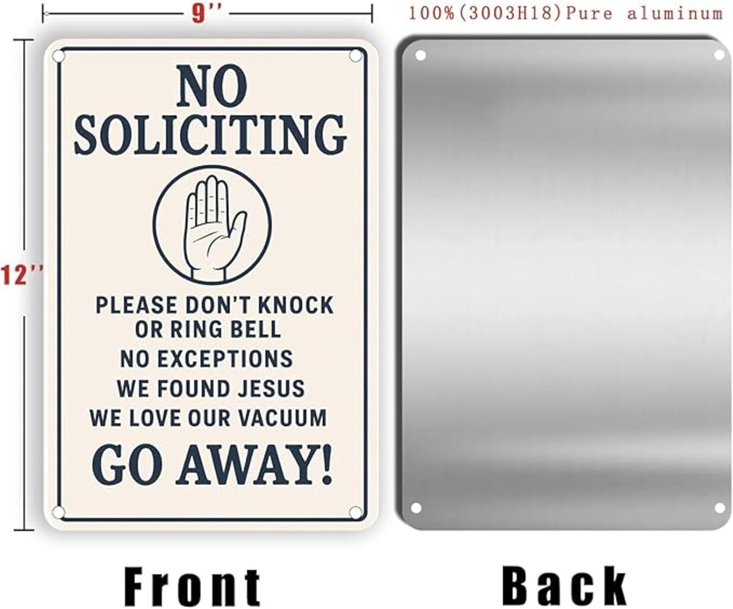 No Soliciting Sign for House Funny, 12 x 9 Inches Rust-Proof Aluminum No Soliciting Sign for Front Door, Humorous Do Not Ring Doorbell Signs, No Solicitation Signs for Home with Screws & Rope (White)