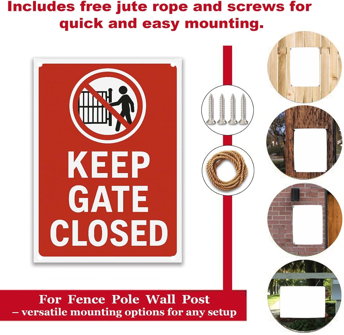 Keep Gate Closed Sign - Rust-Resistant Aluminum Waterproof Outdoor Sign with UV Fade-Resistant Ink, Includes Rope & Screws for Easy Installation - Suitable for Yard, Fence, Dog/Pool/Livestock Area
