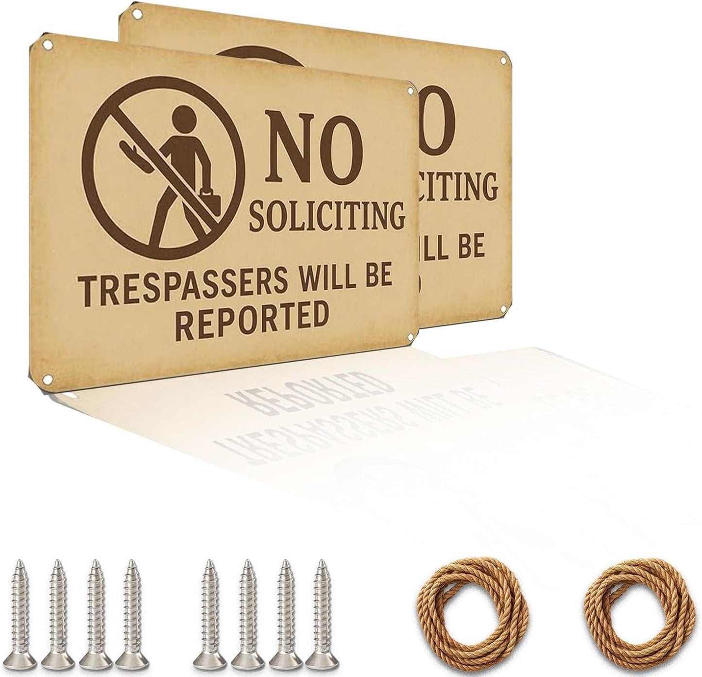 No Soliciting Sign for House - Trespassers Will Be Reported Warning Rust-Free Aluminum Metal Sign UV Printed Waterproof Outdoor No Soliciting Yard Sign for Front Door Fence Gate & Wall with Free Screws & Rope