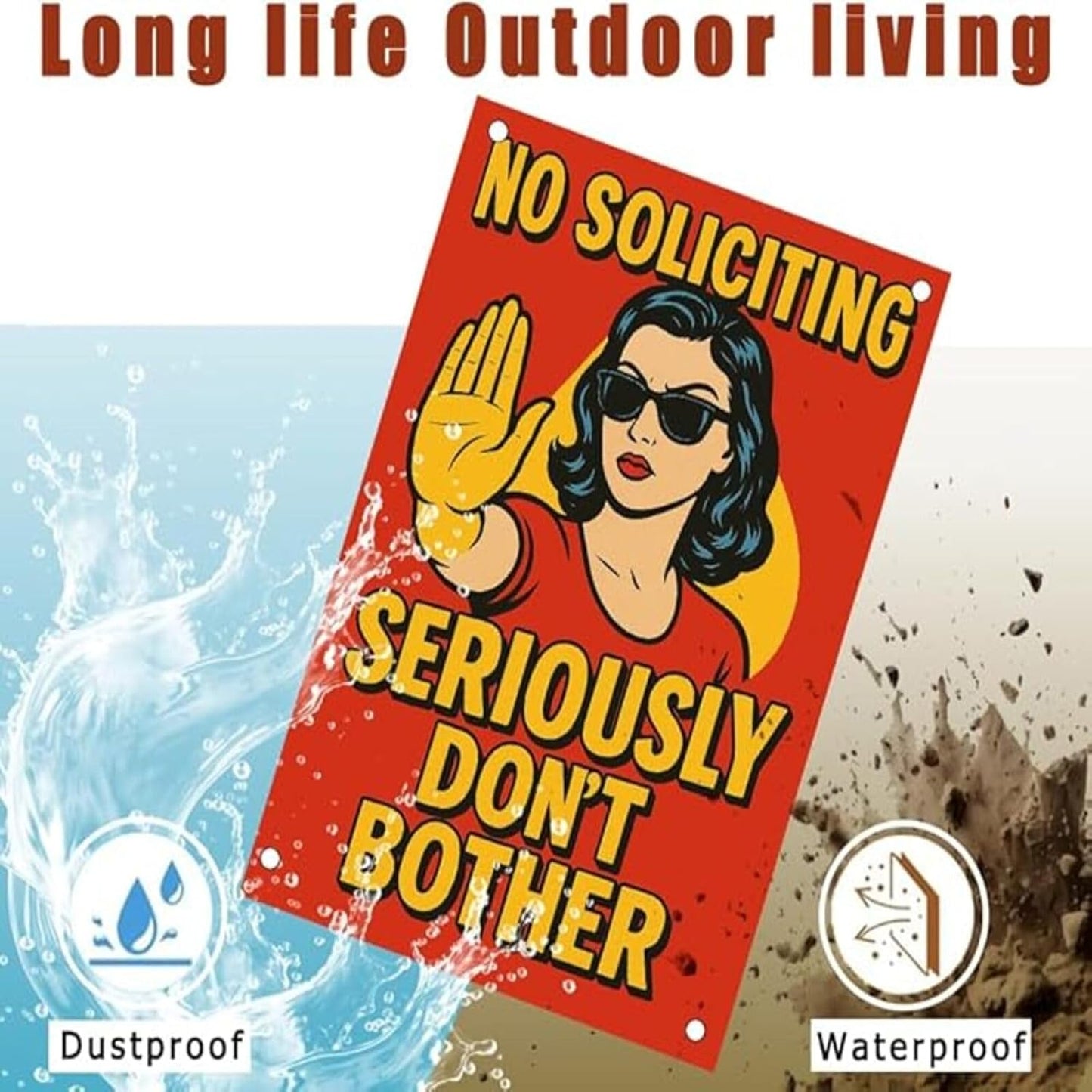 No Soliciting Sign for House - Large Funny Retro Style Rust-Free Aluminum UV Printed Waterproof Outdoor Yard Fence Gate Door Sign with Free Screws & Rope Front Door Privacy Warning for Home & Office