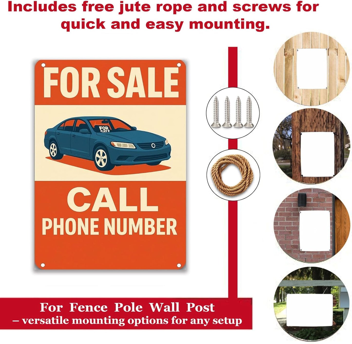 For Sale Sign Car - Rust-Free Aluminum Metal Sign UV Printed Waterproof Outdoor Yard Garage Fence Gate Notice Magnetic Compatible with Vehicle Window + Free Screws & Rope