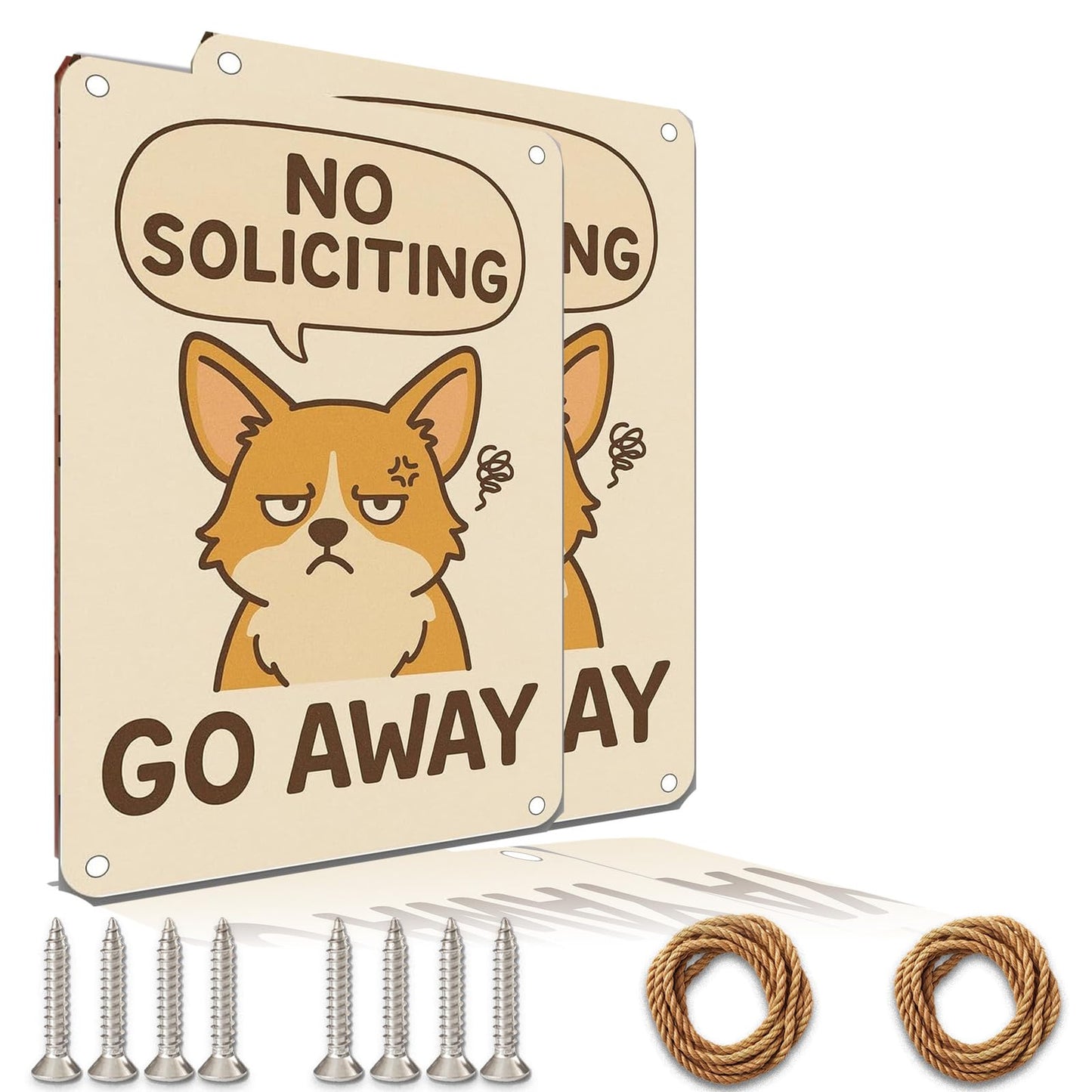 No Soliciting Sign for House Funny, 12 x 9 Inches Rust-Proof Aluminum No Soliciting Sign for Front Door, Humorous Do Not Ring Doorbell Signs, No Solicitation Signs for Home with Screws & Rope (White)