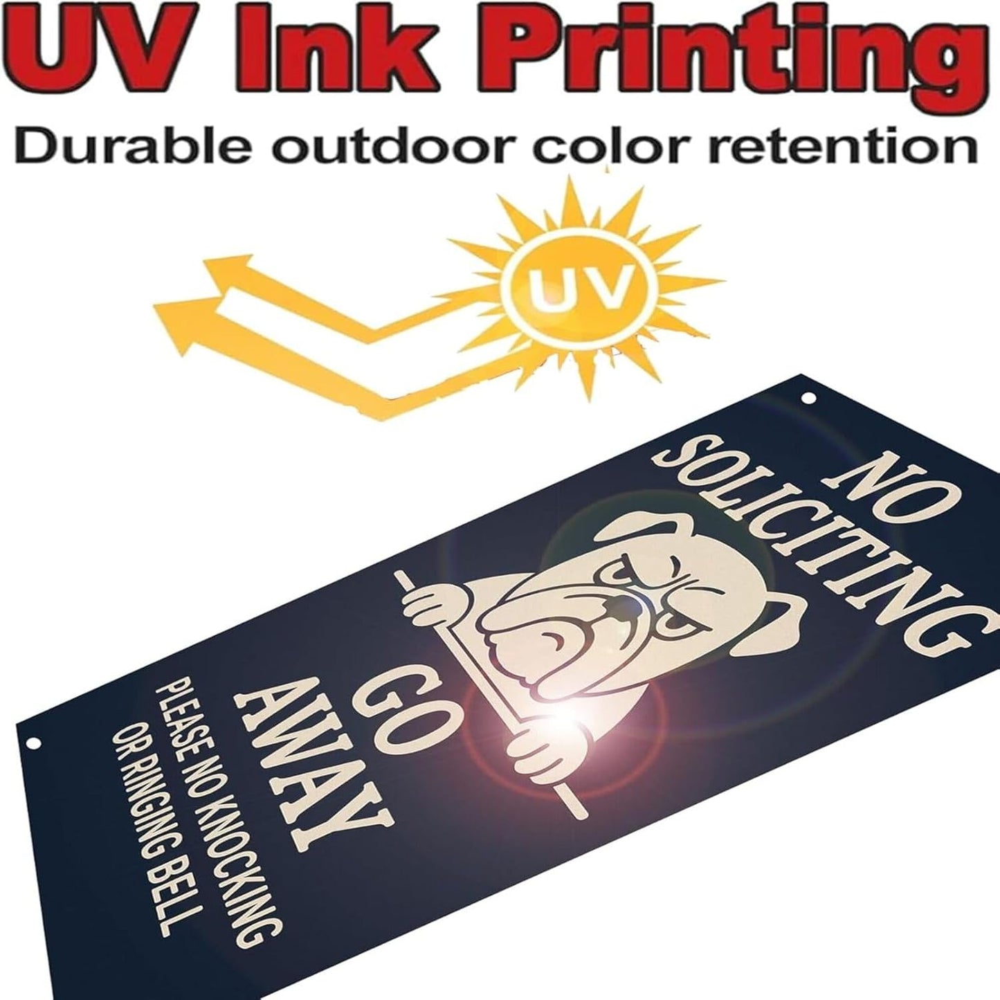 Beware of Dog Sign – No Soliciting Go Away Bulldog Warning, Rust-Free Aluminum Metal Sign, UV Printed Waterproof Outdoor Yard Fence Gate Door Decor with Free Screws & Rope