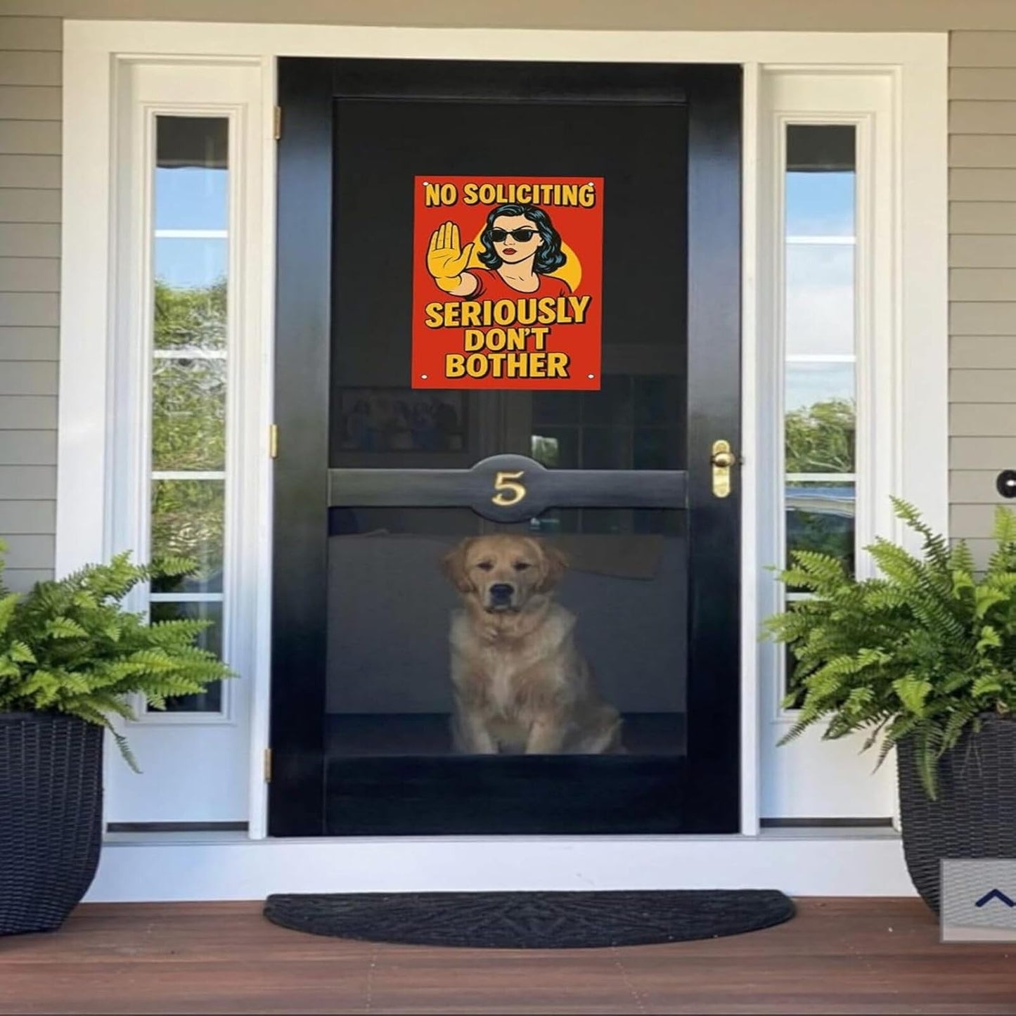 No Soliciting Sign for House - Large Funny Retro Style Rust-Free Aluminum UV Printed Waterproof Outdoor Yard Fence Gate Door Sign with Free Screws & Rope Front Door Privacy Warning for Home & Office