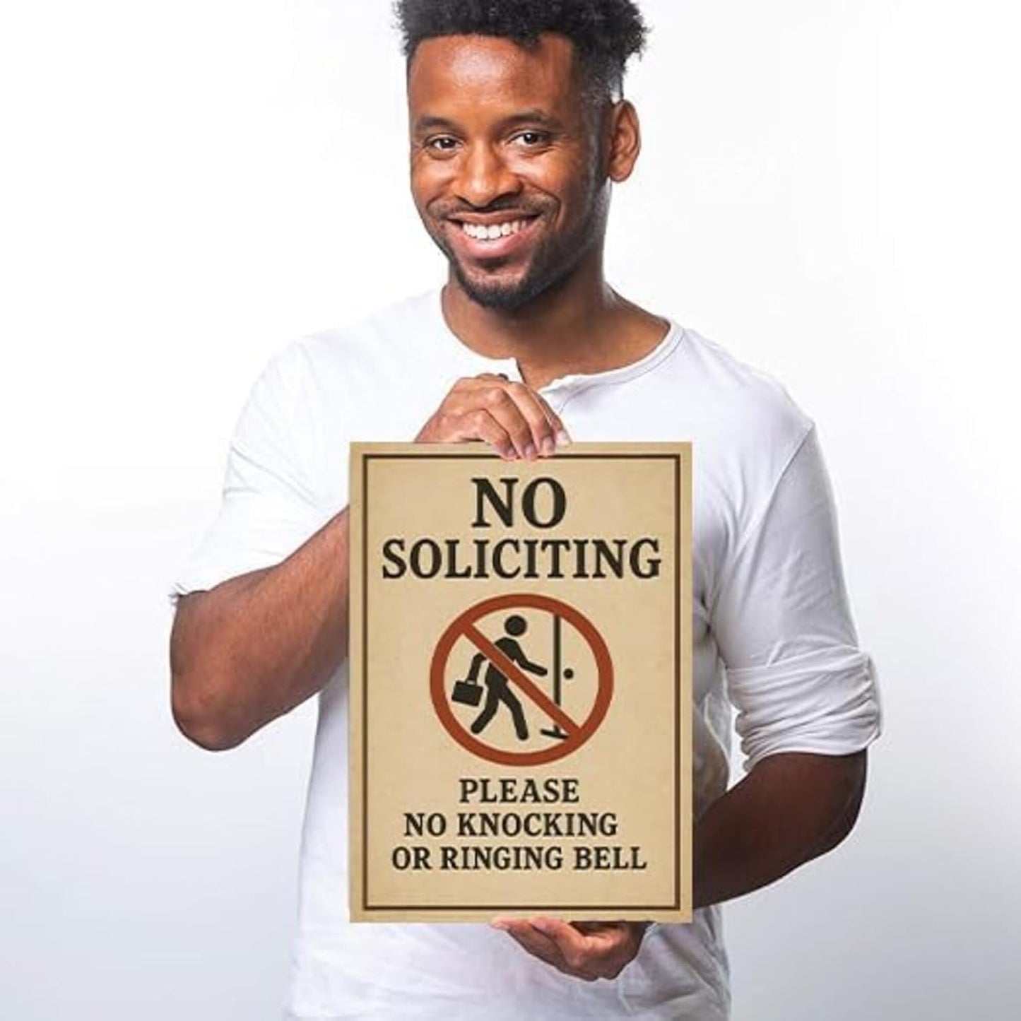 No Soliciting Sign for House Funny, 12 x 9 Inches Rust-Proof Aluminum No Soliciting Sign for Front Door, Humorous Do Not Ring Doorbell Signs, No Solicitation Signs for Home with Screws & Rope (Yellow)