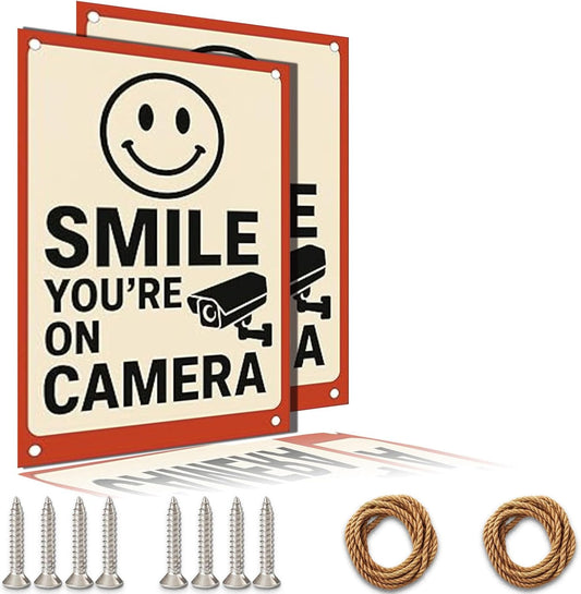 Smile You're On Camera Sign - 9x12 Inch Aluminum Surveillance Warning UV Printed Waterproof Outdoor Yard Fence Gate Funny Smile Your On Candid Camera Sign for Home Businesswith Free Accessories