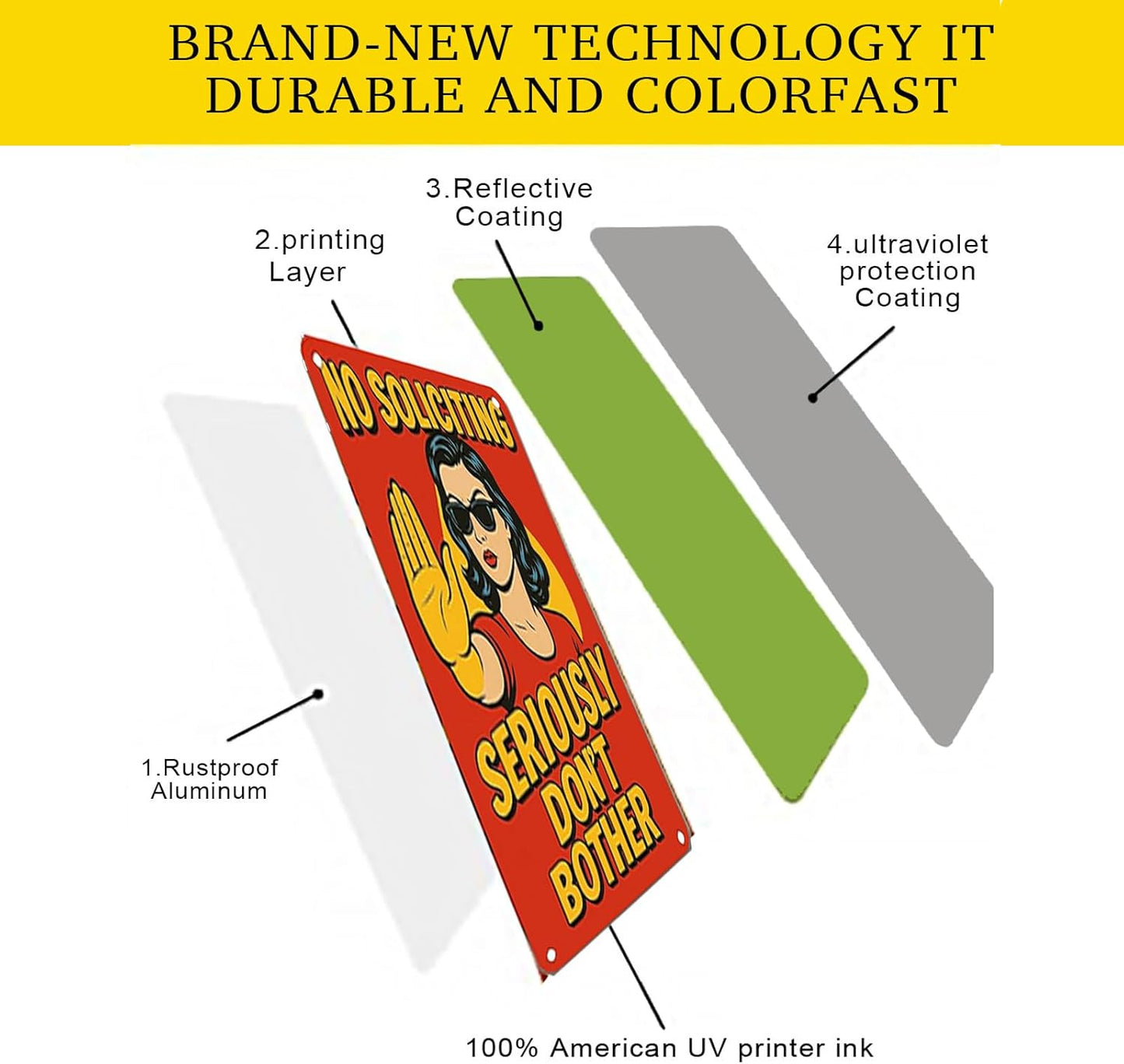 No Soliciting Sign for House - Large Funny Retro Style Rust-Free Aluminum UV Printed Waterproof Outdoor Yard Fence Gate Door Sign with Free Screws & Rope Front Door Privacy Warning for Home & Office