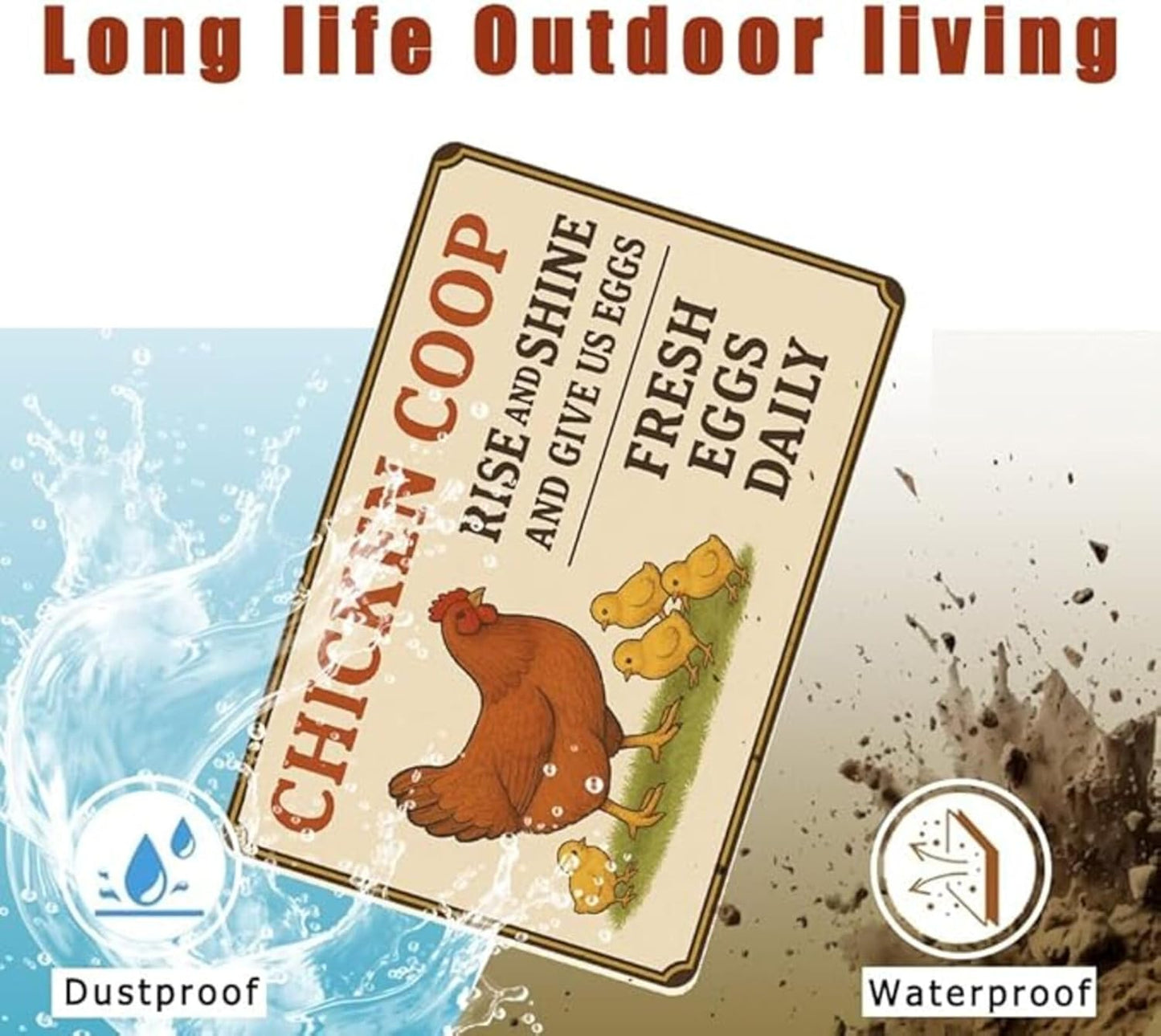 Chicken Coop Sign – Funny “Rise and Shine Give Us Eggs” Metal Plaque, Easy to Clean Aluminum Yard Sign for Fresh Eggs Daily, Rustproof, Windproof & Sturdy with Screws & Jute Rope