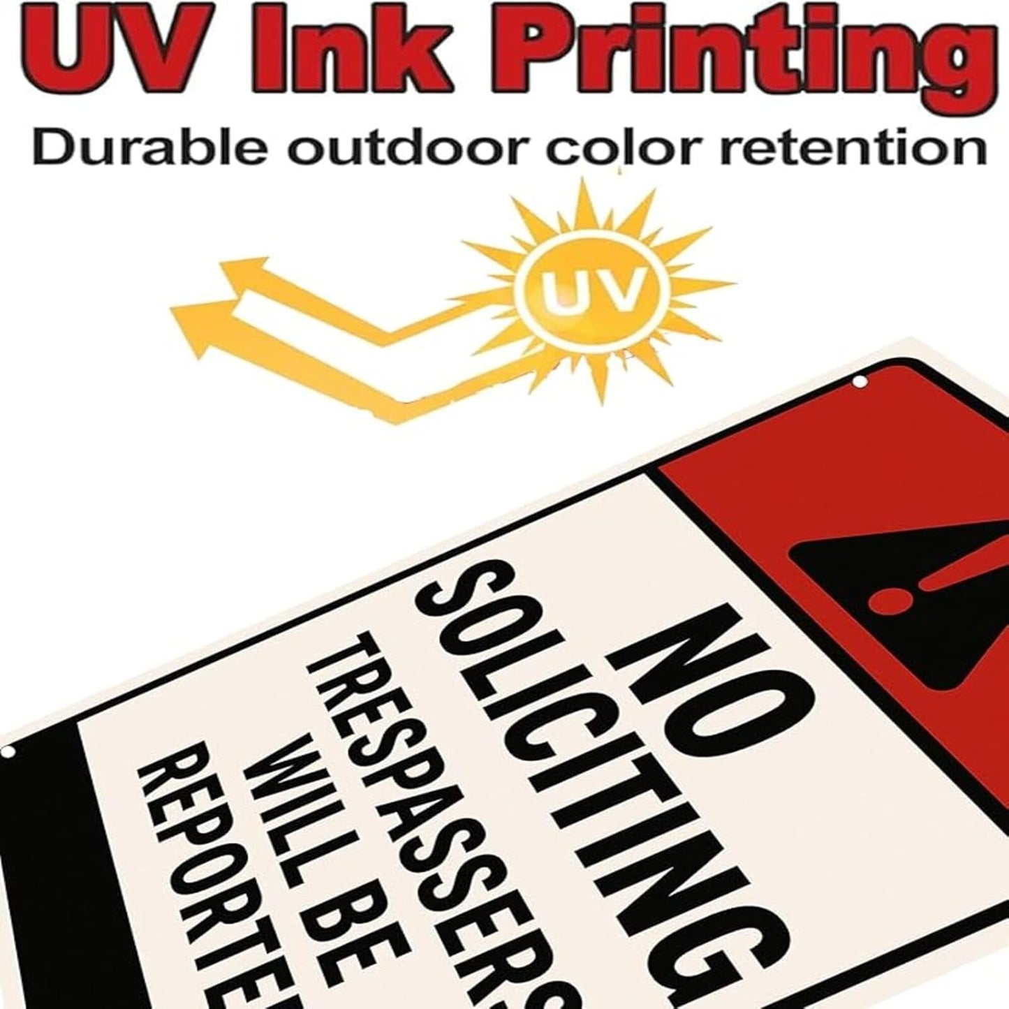 No Soliciting Sign for House Front Door Yard – 9x12 Inch Rust-Free Aluminum Metal Sign UV Printed Waterproof Outdoor Private Property Notice for Fence Gate Wall or Porch – Includes Free Screws & Rope