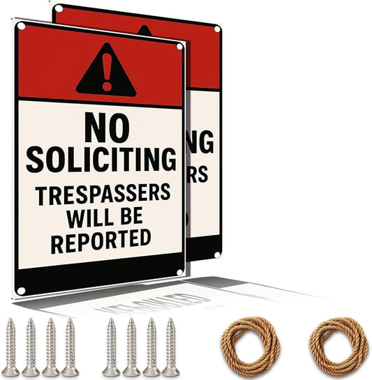 No Soliciting Sign for House Front Door Yard – 9x12 Inch Rust-Free Aluminum Metal Sign UV Printed Waterproof Outdoor Private Property Notice for Fence Gate Wall or Porch – Includes Free Screws & Rope