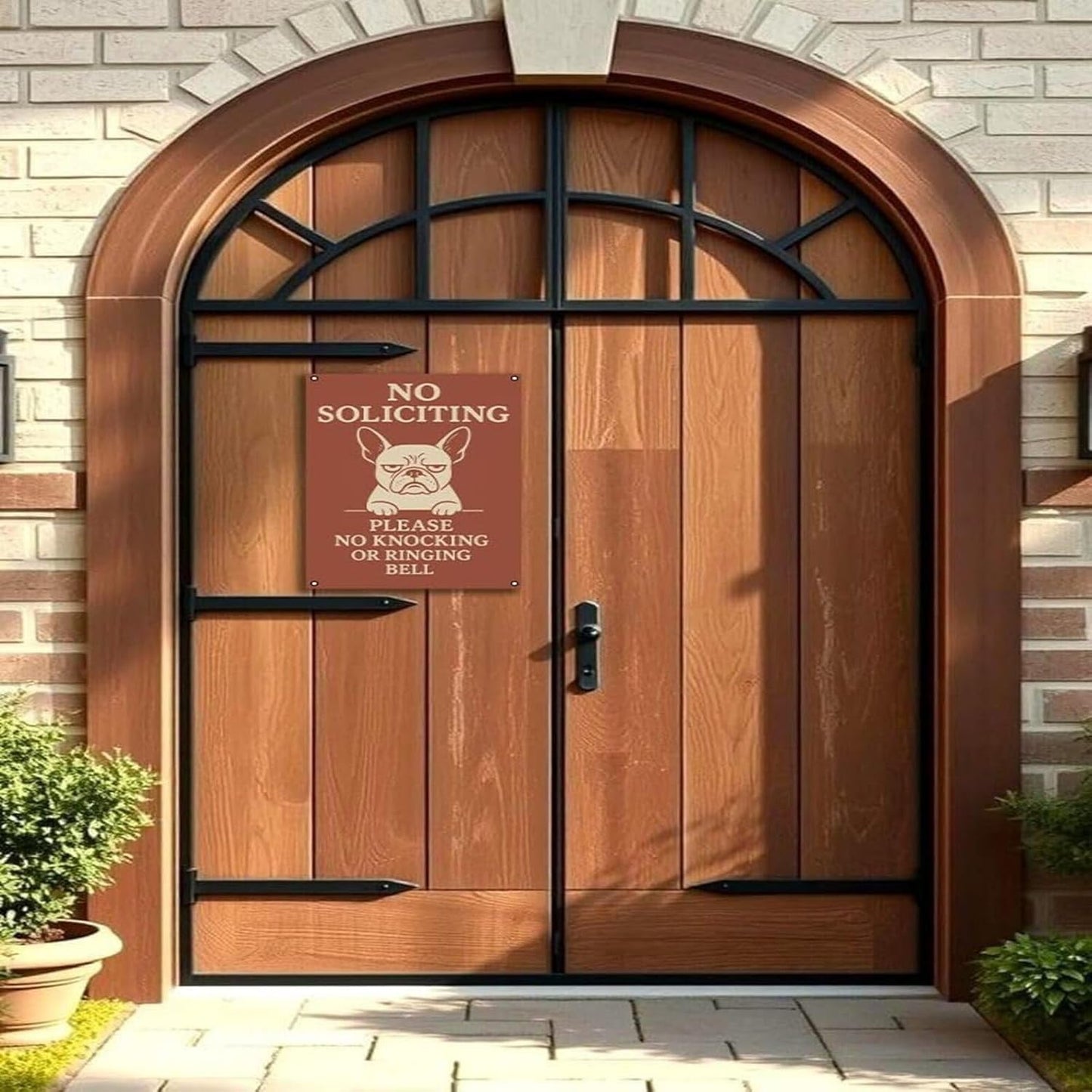 No Soliciting Sign for House - 9x12 Inch French Bulldog Cartoon Design Aluminum UV Printed Waterproof Outdoor Yard Fence Gate Front Door Sign with Free Screws & Rope Pet Style Property Privacy Notice