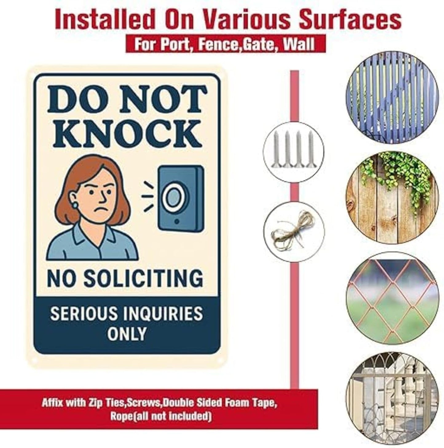 Do Not Knock Sign – 9x12 Inch Funny No Soliciting Metal Sign with Angry Woman Graphic, Rustproof Aluminum, Weatherproof & Windproof, Easy to Clean, Durable Warning for Door or Porch, Includes Screws & Rope