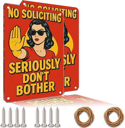 No Soliciting Sign for House - Large Funny Retro Style Rust-Free Aluminum UV Printed Waterproof Outdoor Yard Fence Gate Door Sign with Free Screws & Rope Front Door Privacy Warning for Home & Office