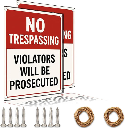 No Trespassing Sign 9x12 Inch – Large Private Property Aluminum Sign Outdoor Waterproof Rust-Free Metal Warning Sign with Free Mounting Accessories（Screws & Jute Rope）