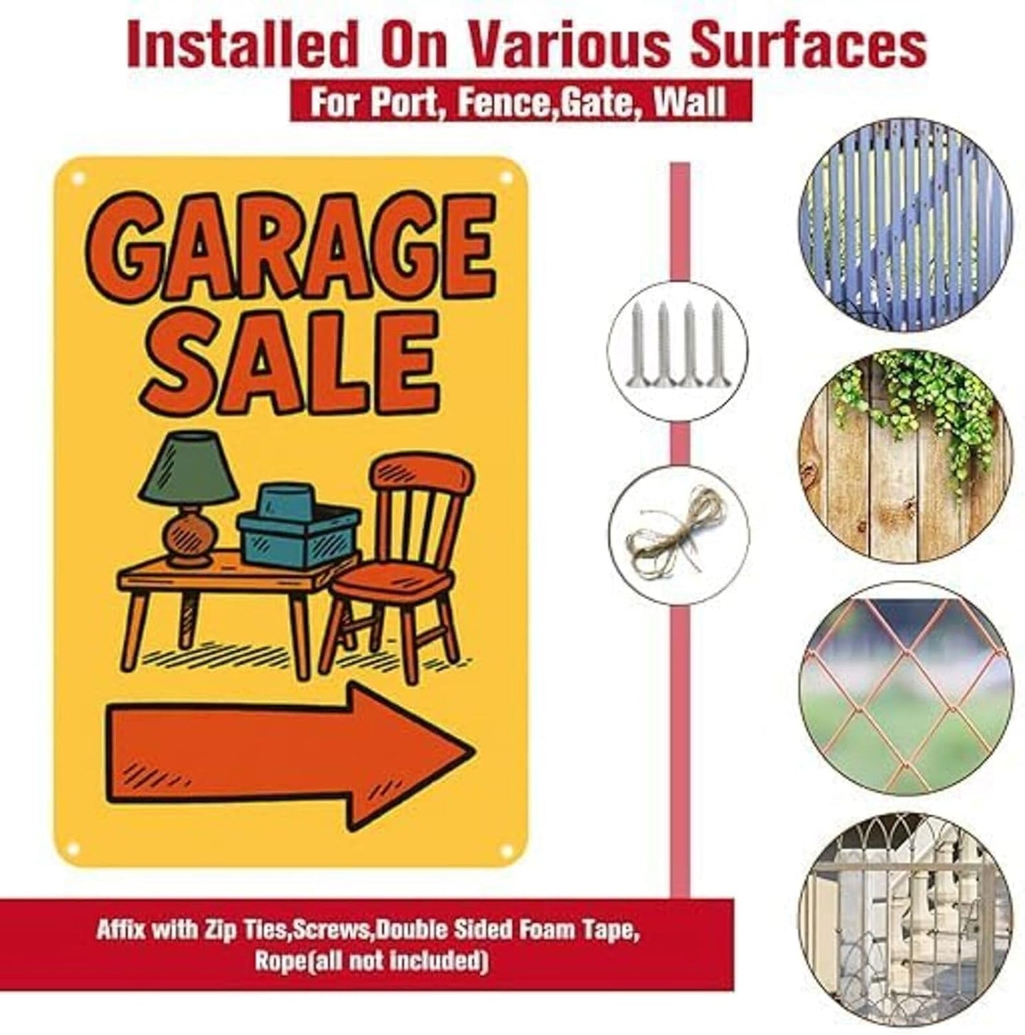 Garage Sale Sign with Arrow – 9x12 Inch Heavy Duty Metal Yard Sign, Rustproof & Weatherproof Aluminum, Easy to Clean, Wind-Resistant, Bold Colorful Design for Outdoor Directional Use, Includes Screws & Rope