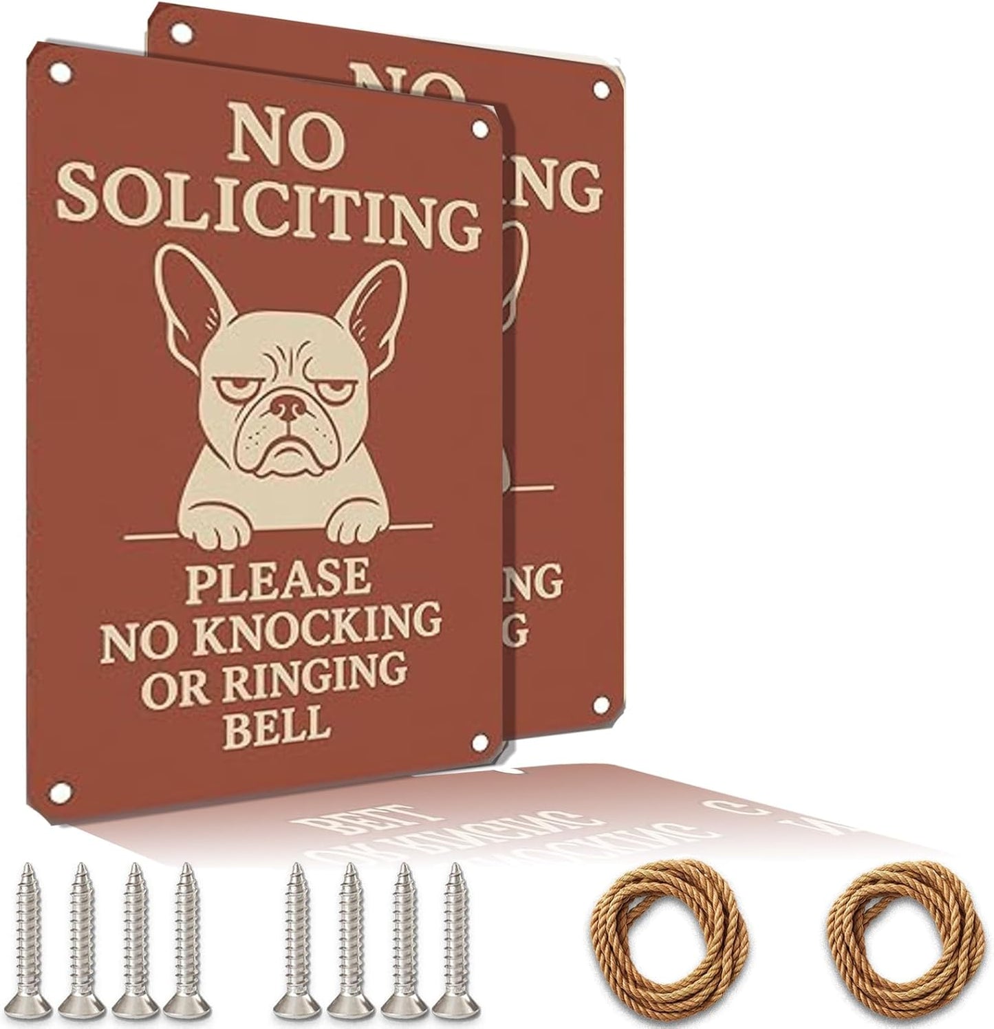 No Soliciting Sign for House - 9x12 Inch French Bulldog Cartoon Design Aluminum UV Printed Waterproof Outdoor Yard Fence Gate Front Door Sign with Free Screws & Rope Pet Style Property Privacy Notice