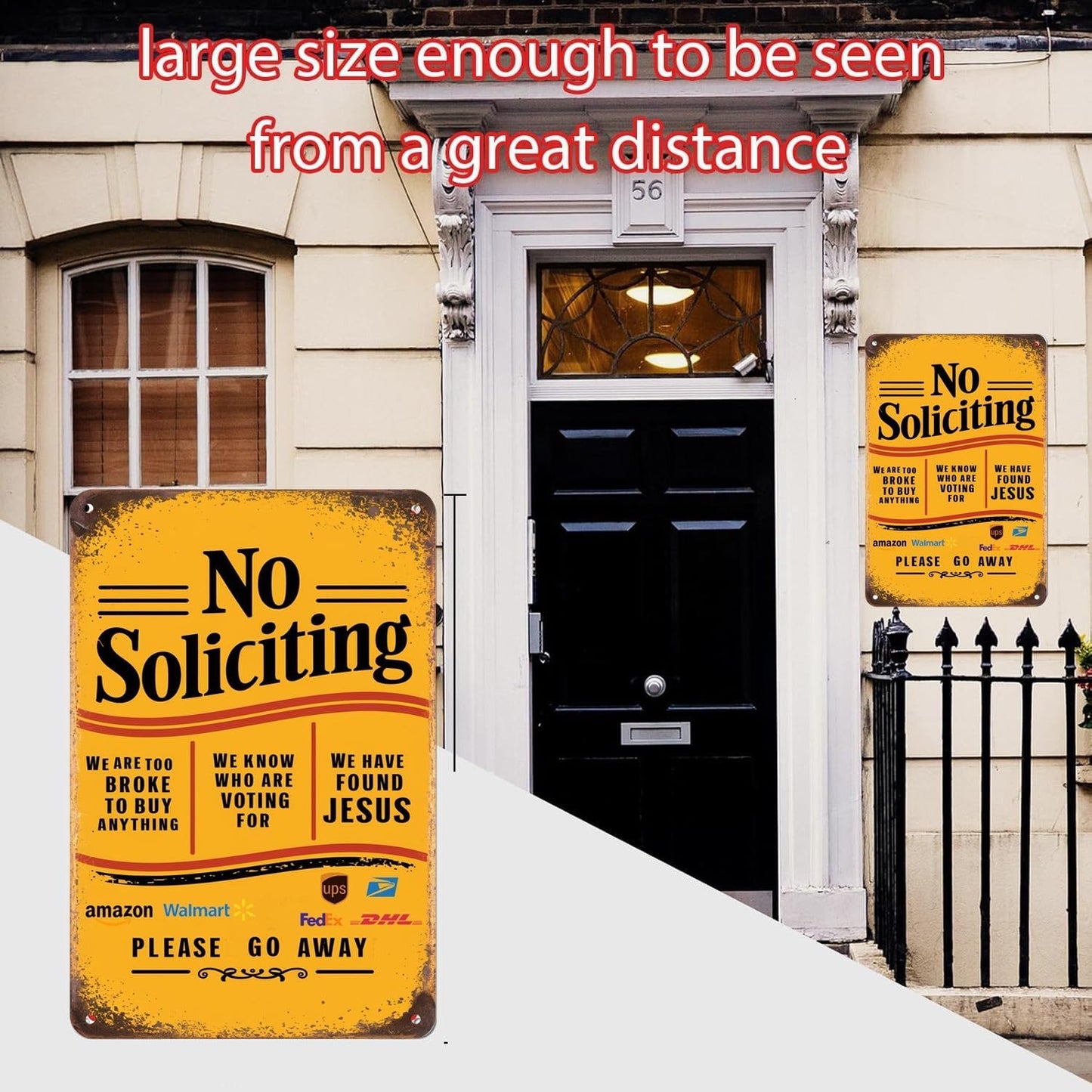 Hilarious No Soliciting Sign! "Jesus Is In, Sales Out" Rust-Resistant Galvanized Iron Door Sign, 8in * 12in, Unique Home Decor (No Soliciting We Are Too Broke, Found Jesus B) (Yellow)