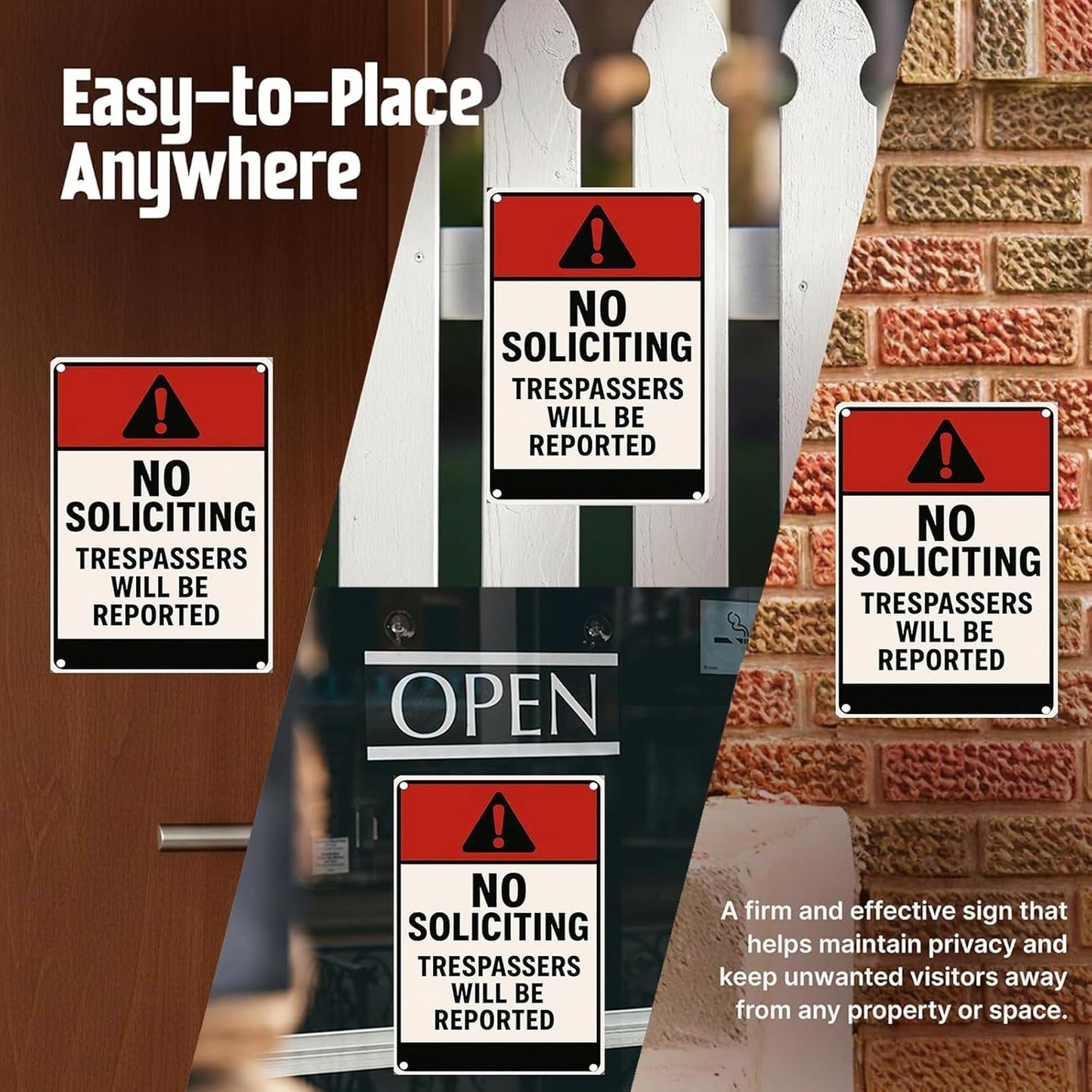 No Soliciting Sign for House Front Door Yard – 9x12 Inch Rust-Free Aluminum Metal Sign UV Printed Waterproof Outdoor Private Property Notice for Fence Gate Wall or Porch – Includes Free Screws & Rope