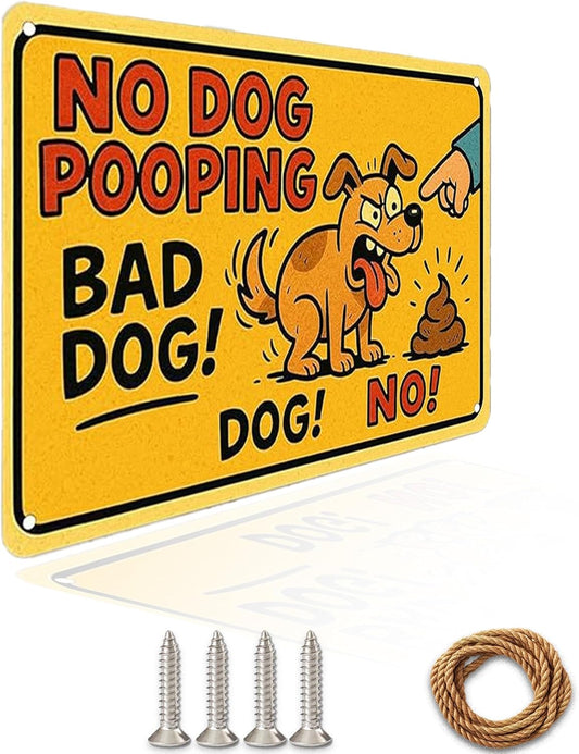 No Dog Pooping Sign – 9x12 Inch Funny Cartoon Metal Yard Sign with Bad Dog Graphic, Rustproof Aluminum, Weatherproof & Windproof, Easy to Clean, Durable Outdoor Warning Sign for Lawn or Fence, Includes Screws & Rope