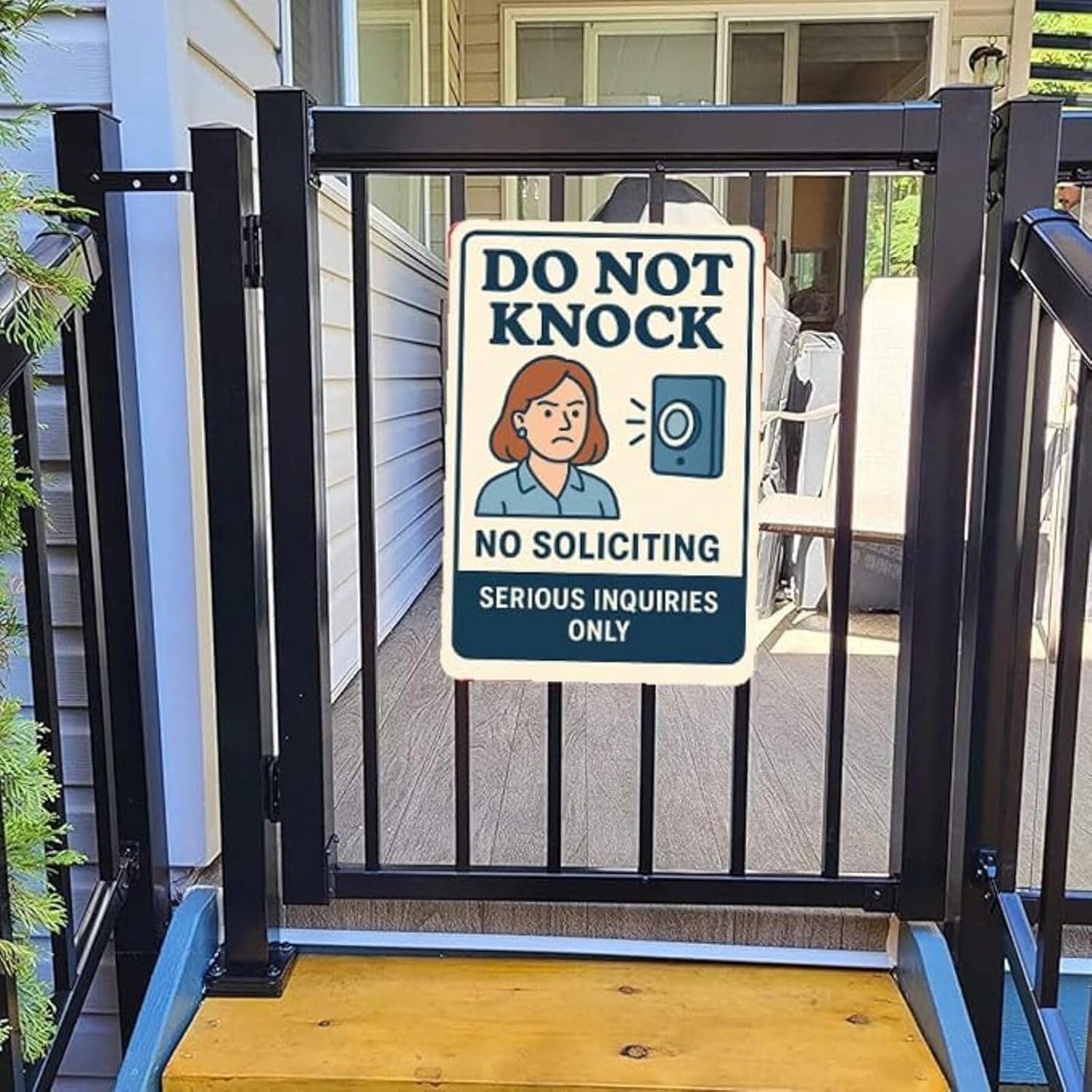 Do Not Knock Sign – 9x12 Inch Funny No Soliciting Metal Sign with Angry Woman Graphic, Rustproof Aluminum, Weatherproof & Windproof, Easy to Clean, Durable Warning for Door or Porch, Includes Screws & Rope