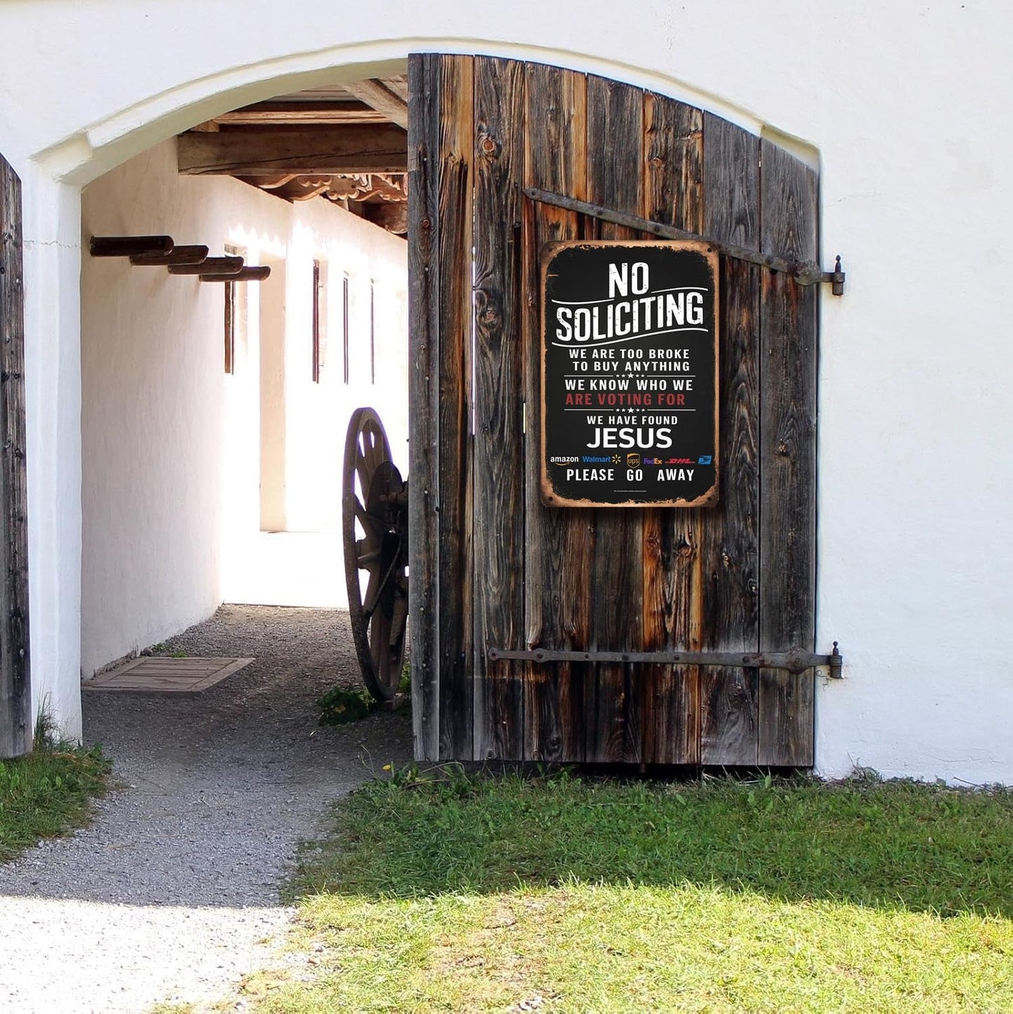 Hilarious No Soliciting Sign! "Jesus Is In, Sales Out" Rust-Resistant Galvanized Iron Door Sign, 8in * 12in, Unique Home Decor (No Soliciting We Are Too Broke, Found Jesus B) (Black)