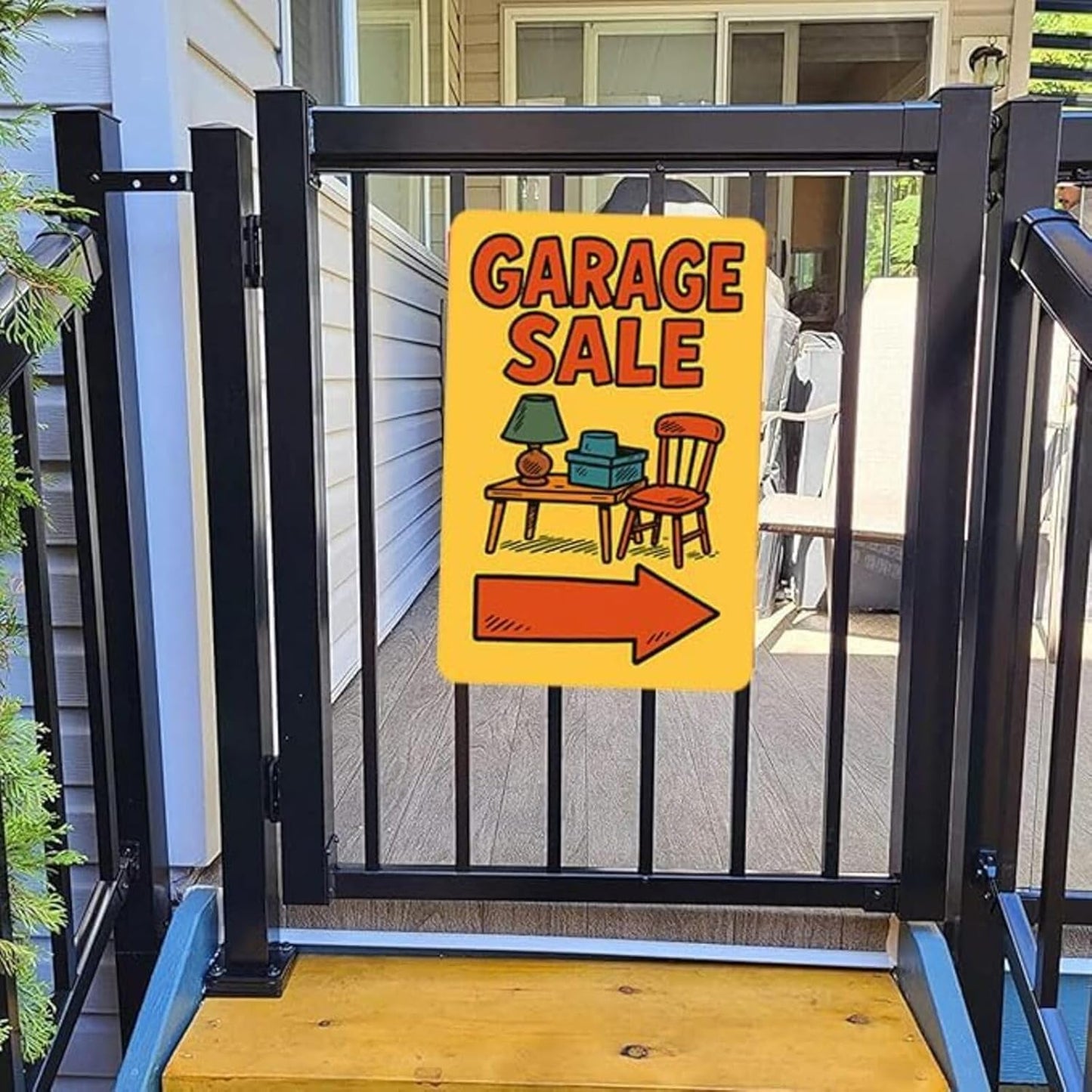 Garage Sale Sign with Arrow – 9x12 Inch Heavy Duty Metal Yard Sign, Rustproof & Weatherproof Aluminum, Easy to Clean, Wind-Resistant, Bold Colorful Design for Outdoor Directional Use, Includes Screws & Rope