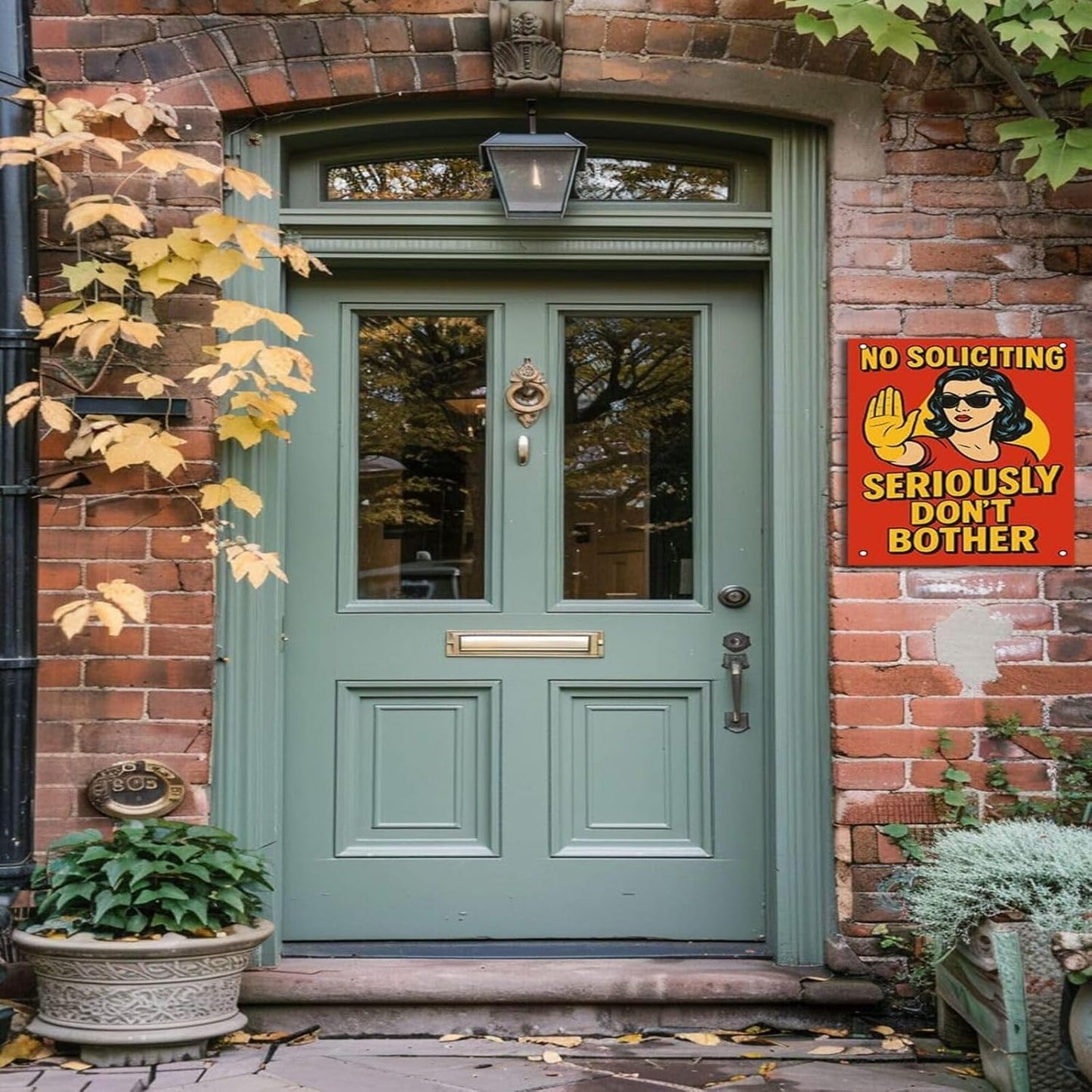 No Soliciting Sign for House - Large Funny Retro Style Rust-Free Aluminum UV Printed Waterproof Outdoor Yard Fence Gate Door Sign with Free Screws & Rope Front Door Privacy Warning for Home & Office