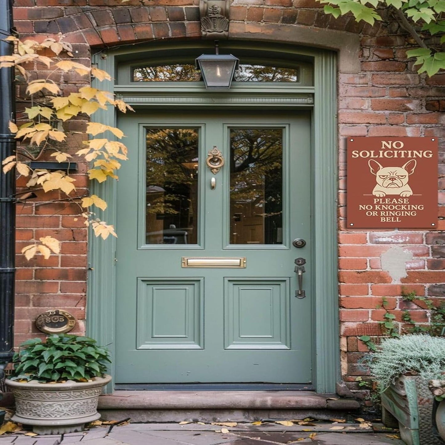 No Soliciting Sign for House - 9x12 Inch French Bulldog Cartoon Design Aluminum UV Printed Waterproof Outdoor Yard Fence Gate Front Door Sign with Free Screws & Rope Pet Style Property Privacy Notice