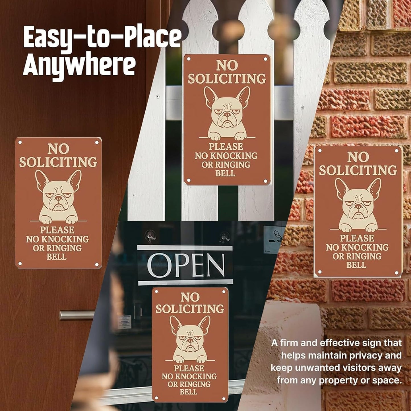 No Soliciting Sign for House - 9x12 Inch French Bulldog Cartoon Design Aluminum UV Printed Waterproof Outdoor Yard Fence Gate Front Door Sign with Free Screws & Rope Pet Style Property Privacy Notice