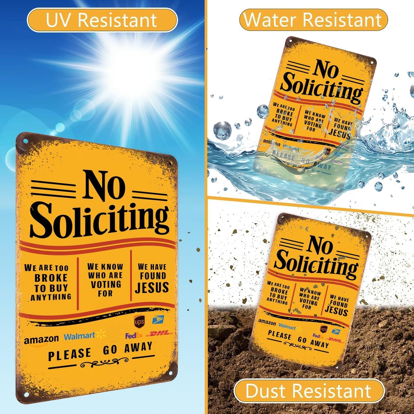 Hilarious No Soliciting Sign! "Jesus Is In, Sales Out" Rust-Resistant Galvanized Iron Door Sign, 8in * 12in, Unique Home Decor (No Soliciting We Are Too Broke, Found Jesus B) (Yellow)